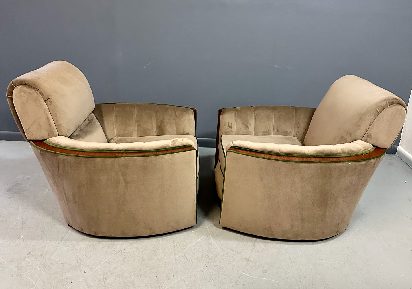 Pair of Art Deco Tank Lounge Chairs in Mocha Velvet with Green Trim and Curved Wood Accents