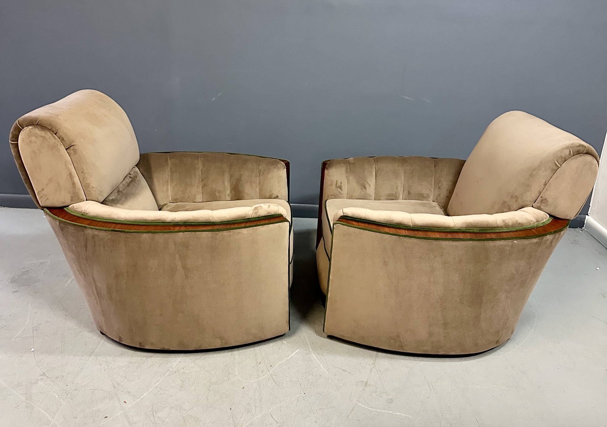 Pair of Art Deco Tank Lounge Chairs in Mocha Velvet with Green Trim and Curved Wood Accents