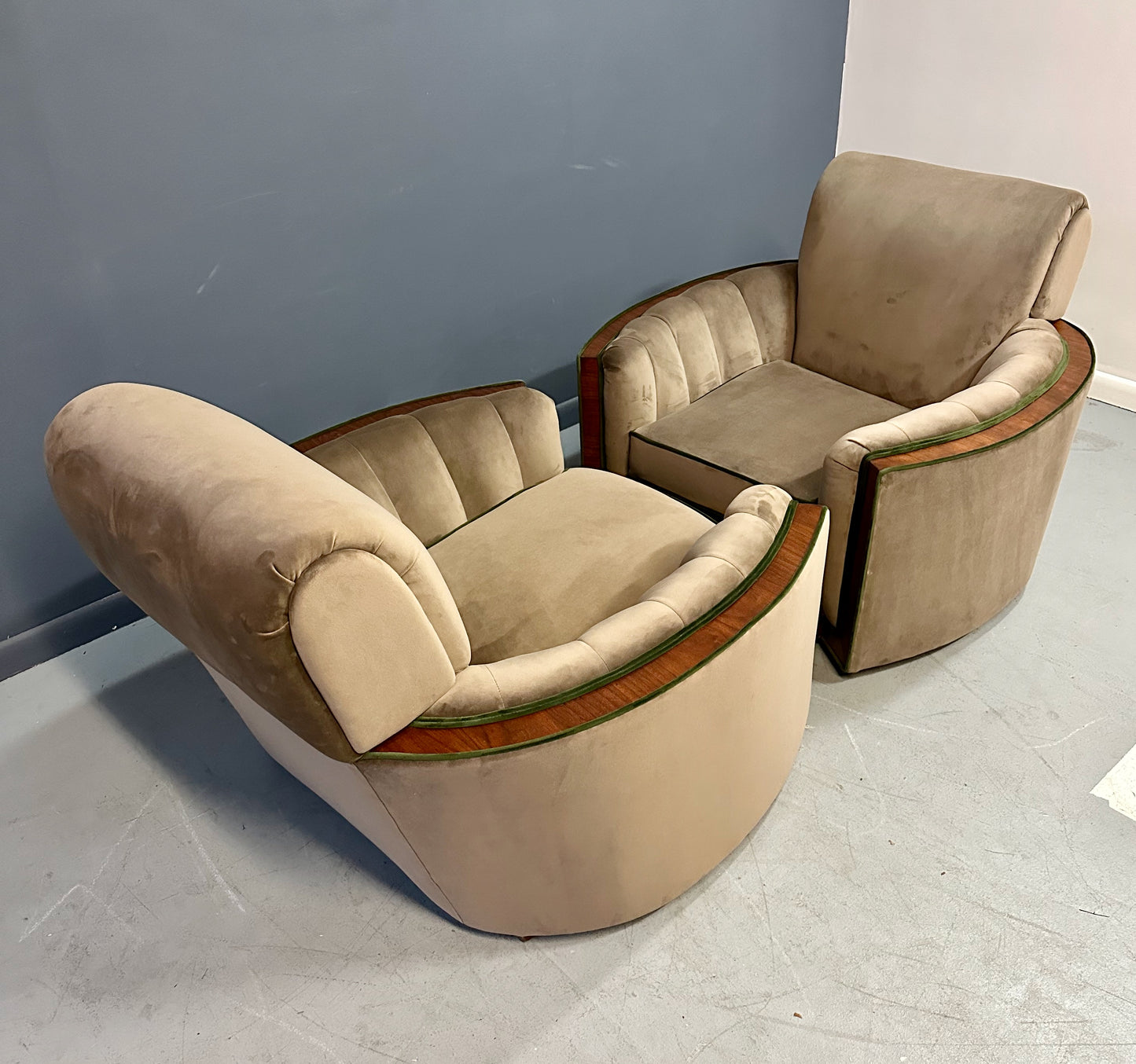 Pair of Art Deco Tank Lounge Chairs in Mocha Velvet with Green Trim and Curved Wood Accents