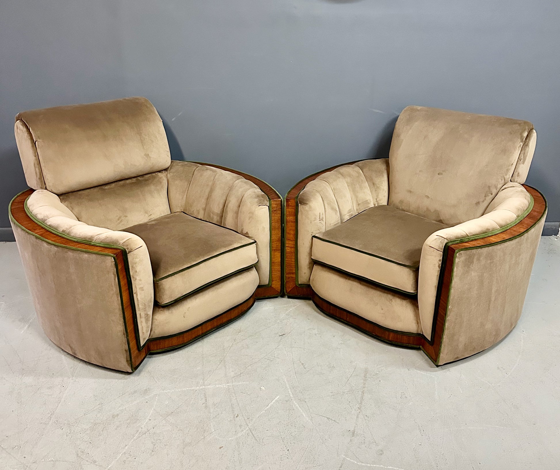 Pair of Art Deco Tank Lounge Chairs in Mocha Velvet with Green Trim and Curved Wood Accents