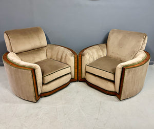 Art Deco Pair of Luxurious Tank Lounge Chairs In Mocha Velvet