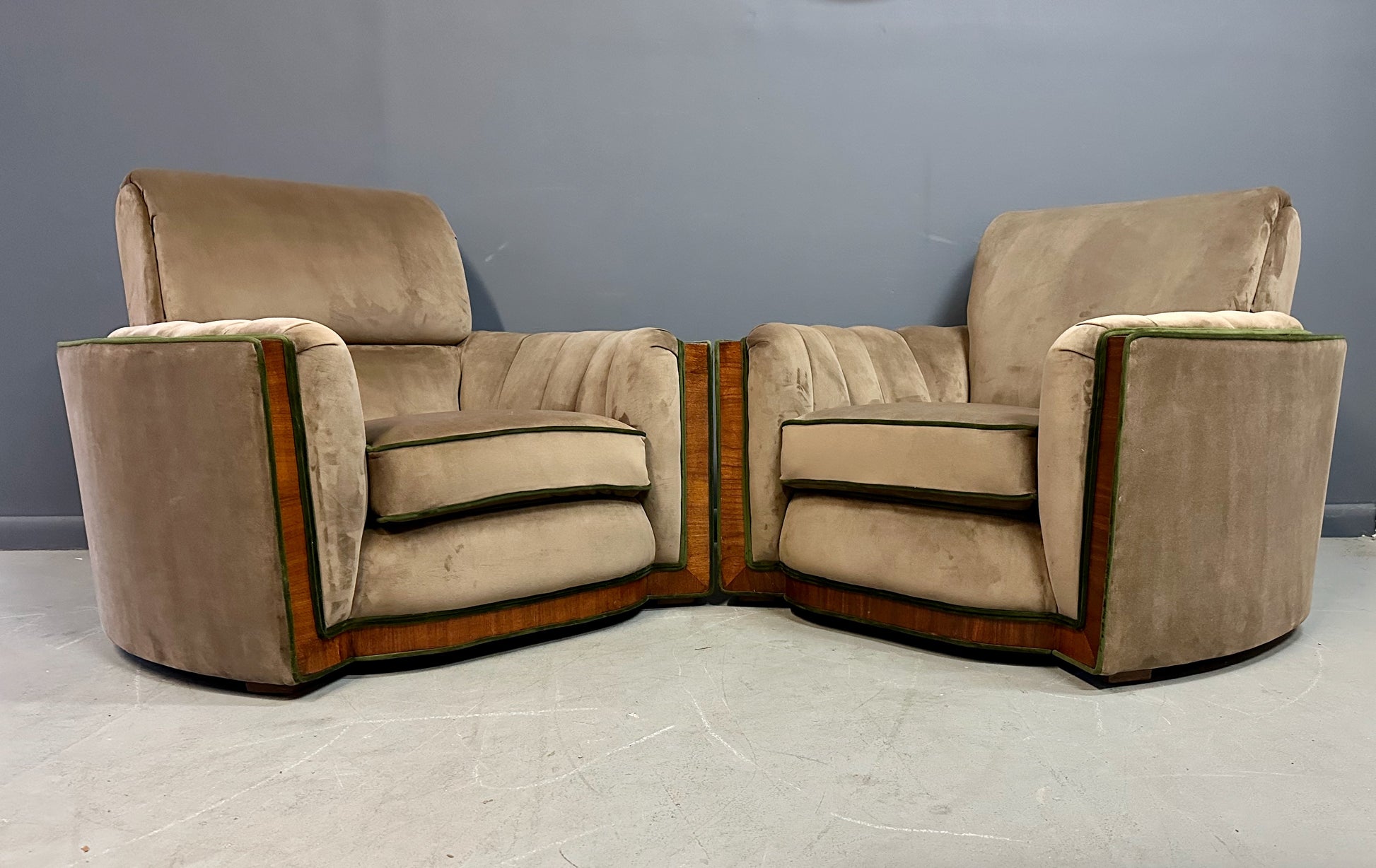 Pair of Art Deco Tank Lounge Chairs in Mocha Velvet with Green Trim and Curved Wood Accents
