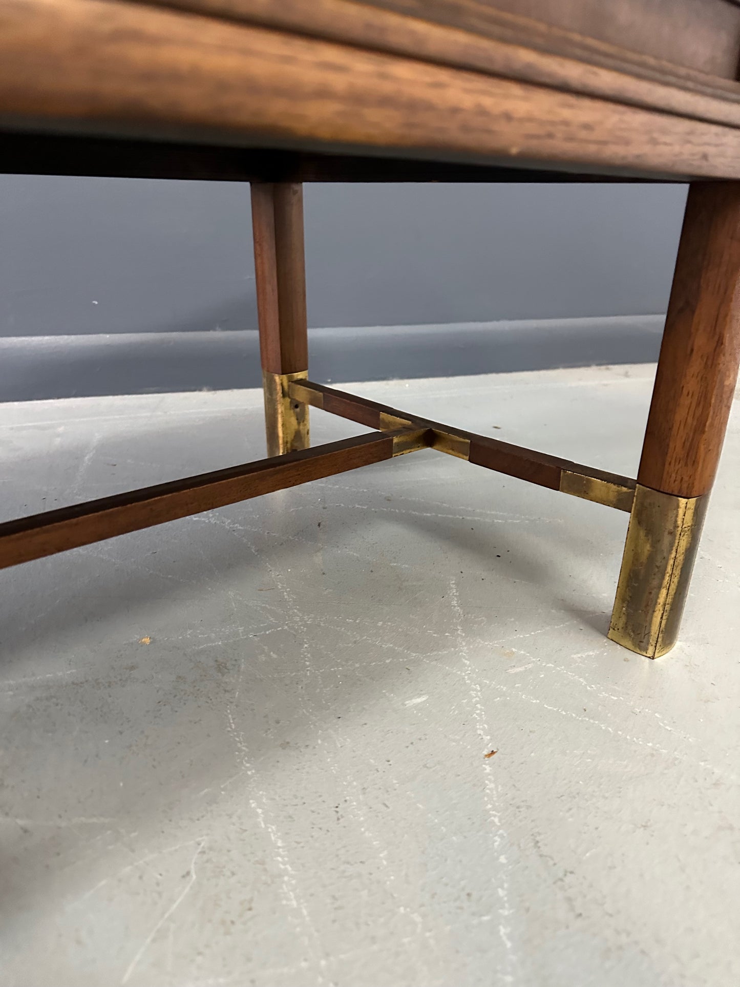Mid Century Coffee Table with Travertine Top, Burl Wood Frame, and Brass Accents