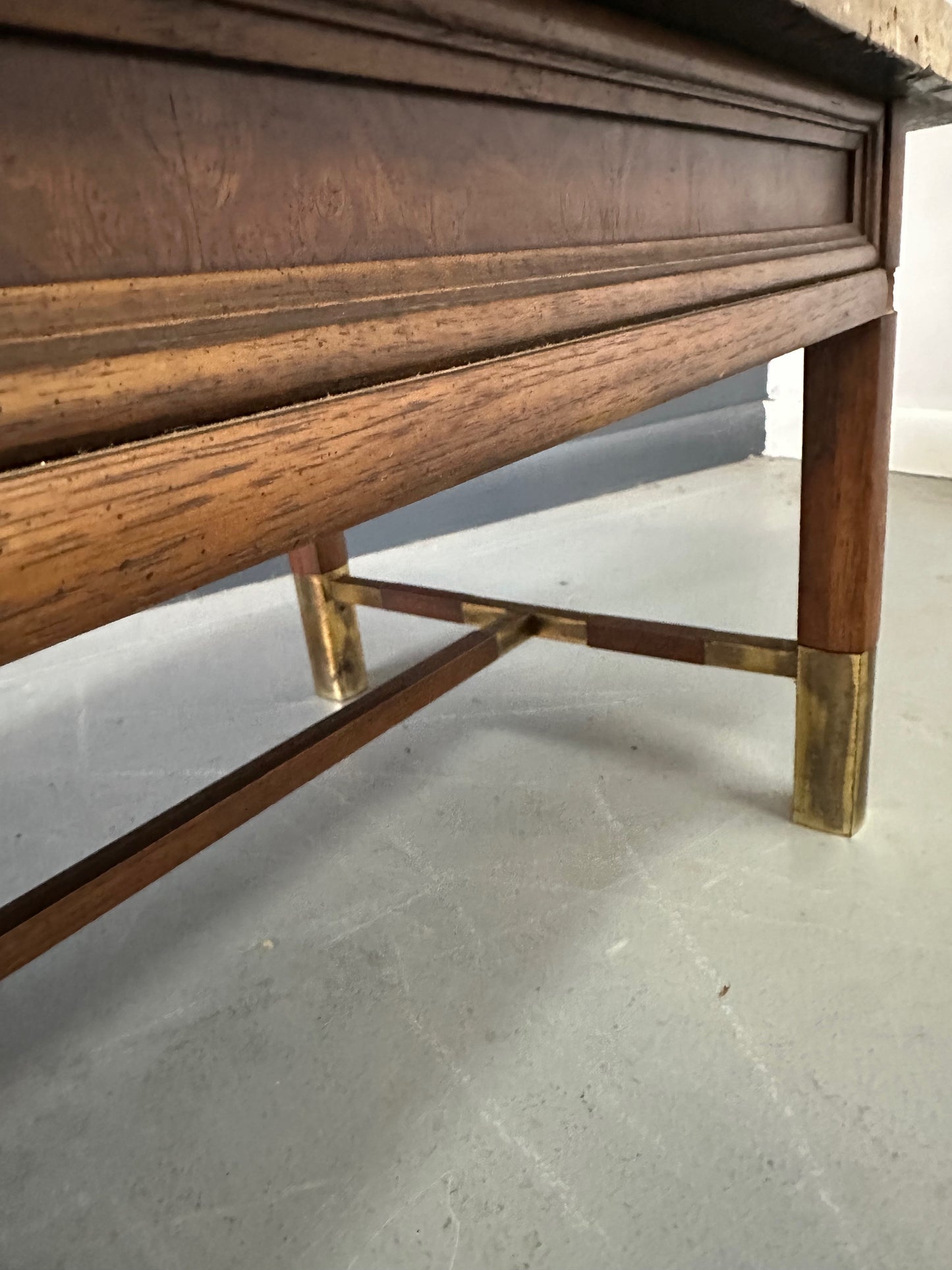 Mid Century Coffee Table with Travertine Top, Burl Wood Frame, and Brass Accents