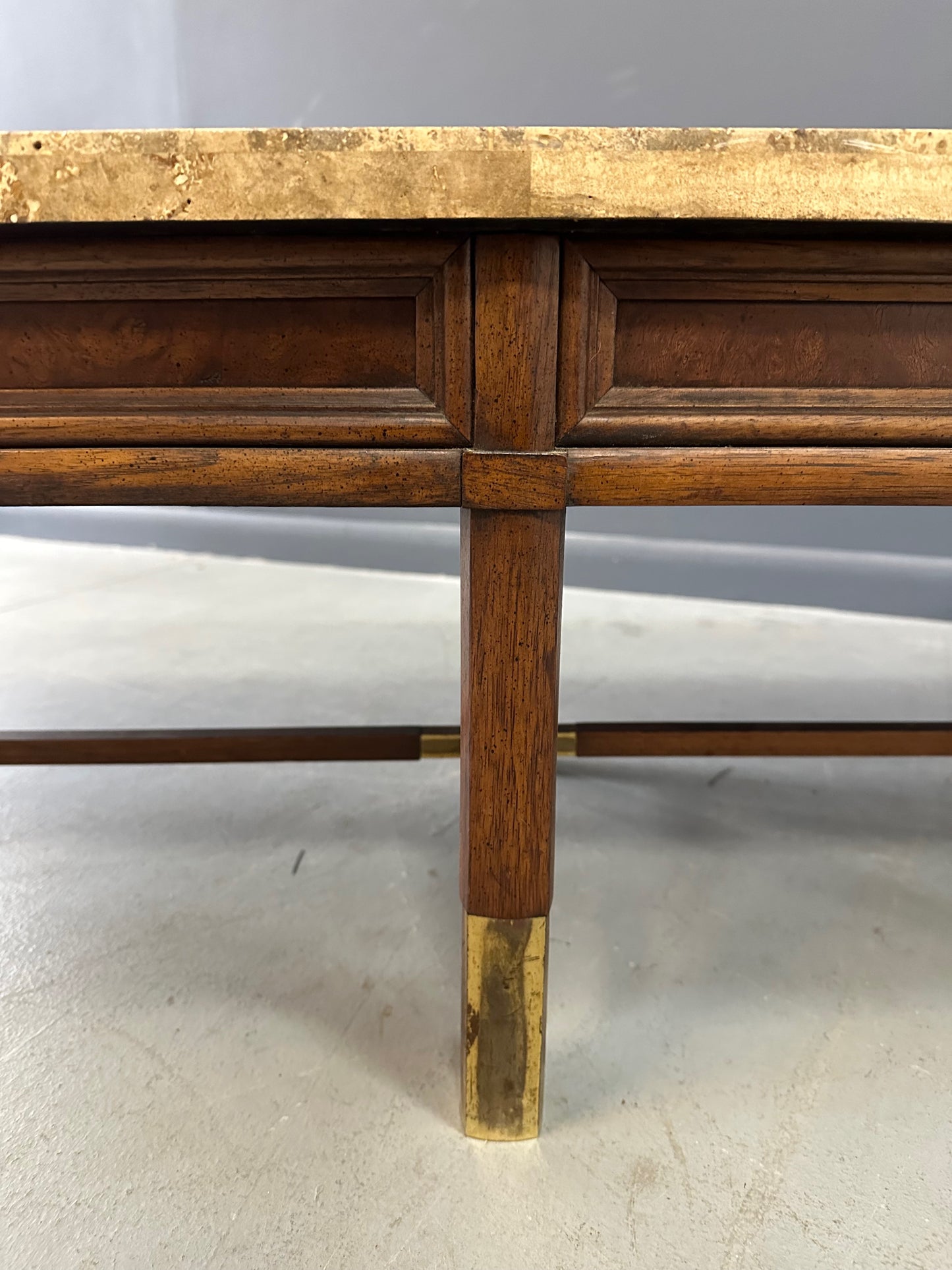 Travertine and Burl Coffee Table with Brass Accents Mid Century