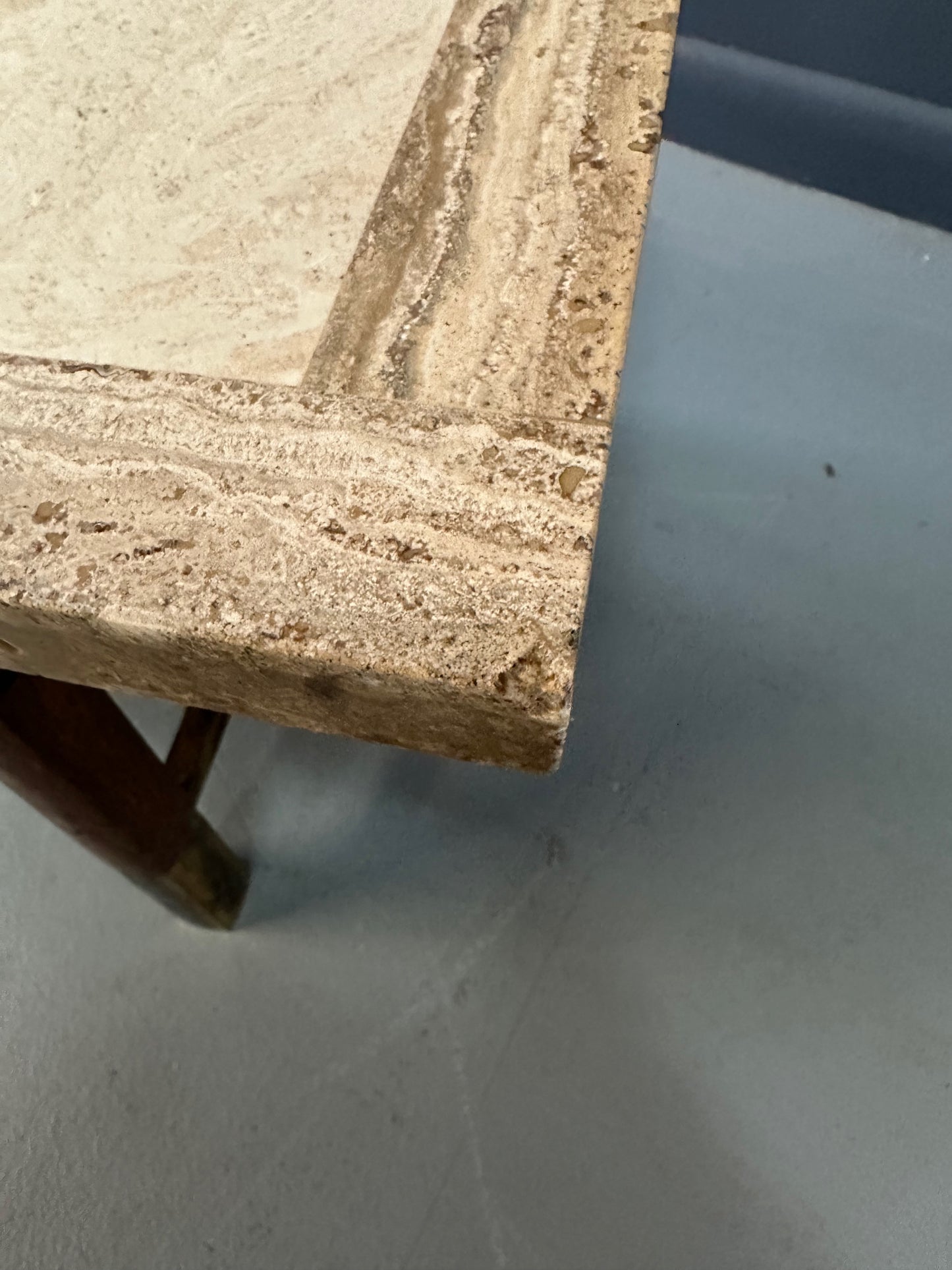 Travertine and Burl Coffee Table with Brass Accents Mid Century