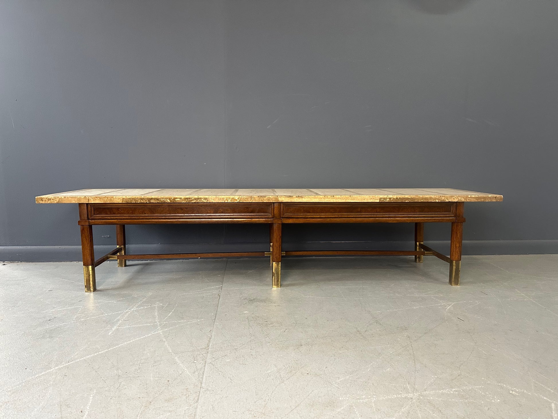Mid Century Coffee Table with Travertine Top, Burl Wood Frame, and Brass Accents