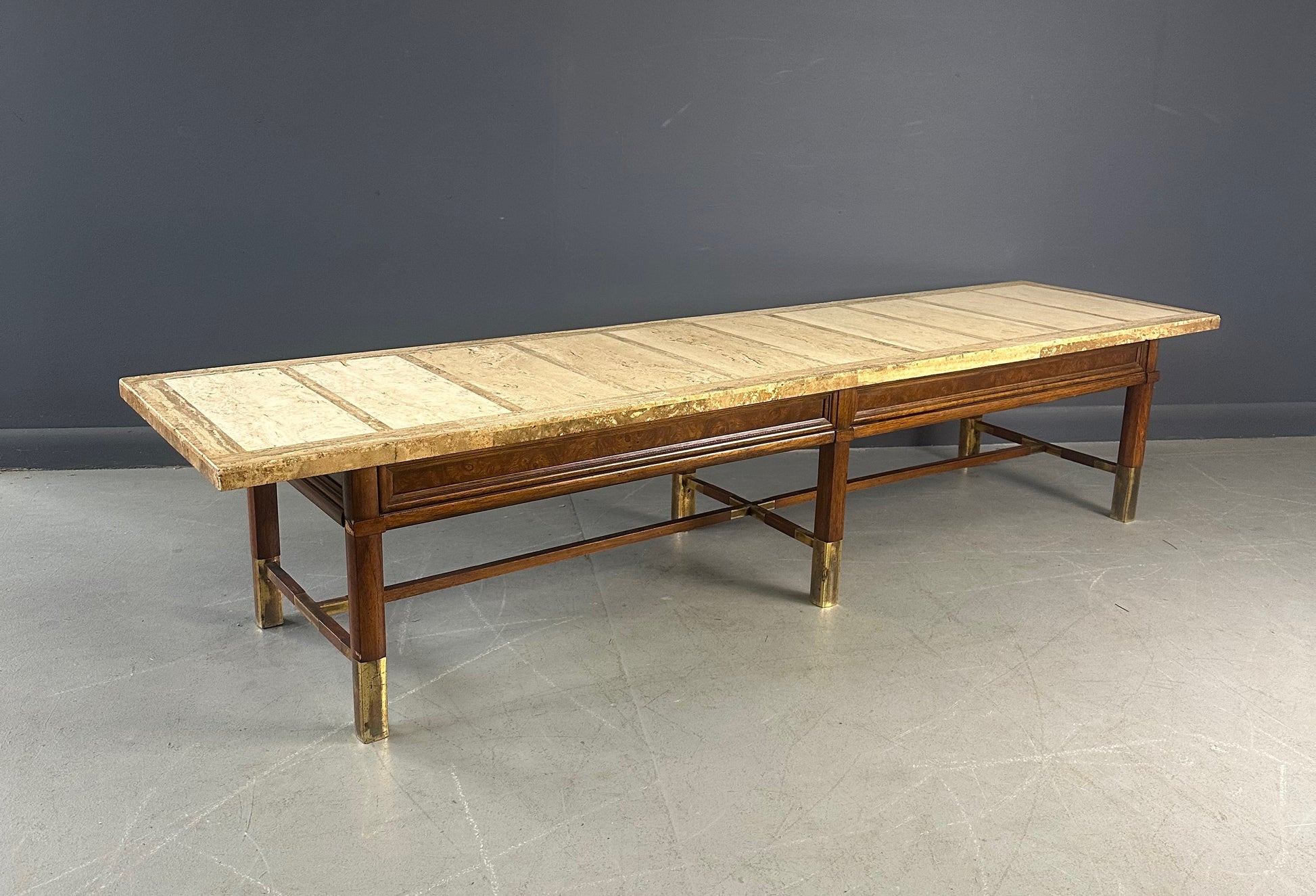 Mid Century Coffee Table with Travertine Top, Burl Wood Frame, and Brass Accents
