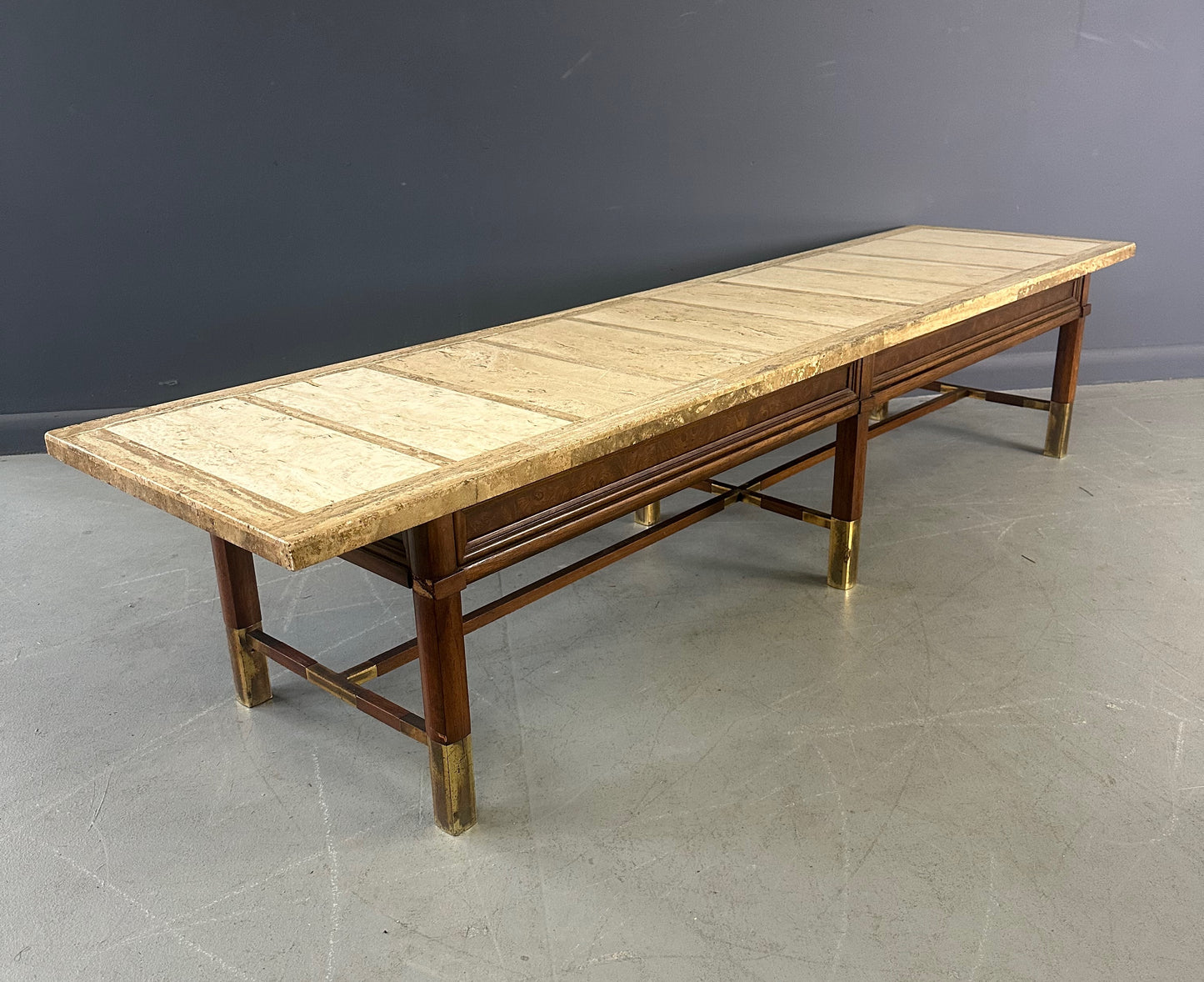 Mid Century Coffee Table with Travertine Top, Burl Wood Frame, and Brass Accents