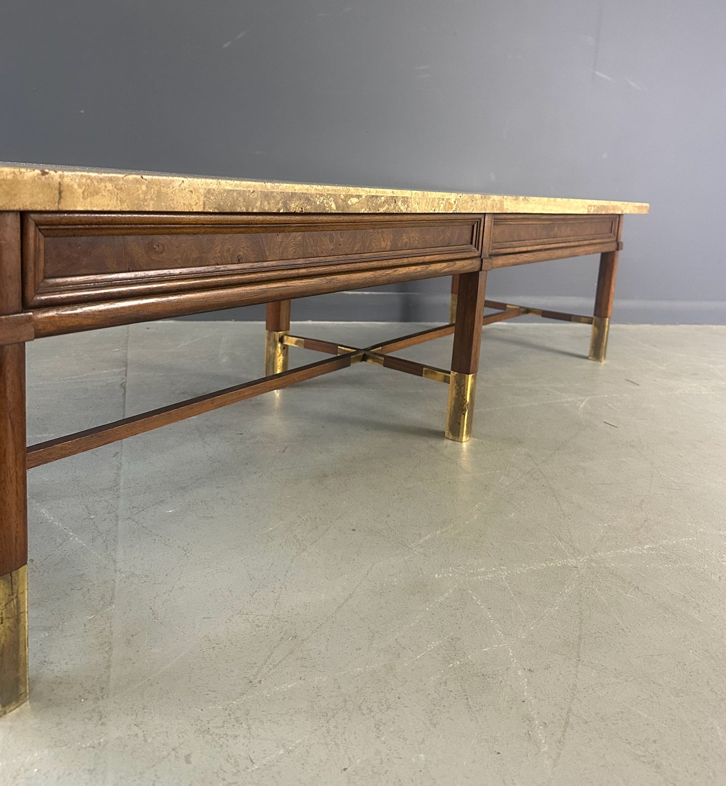 Travertine and Burl Coffee Table with Brass Accents Mid Century