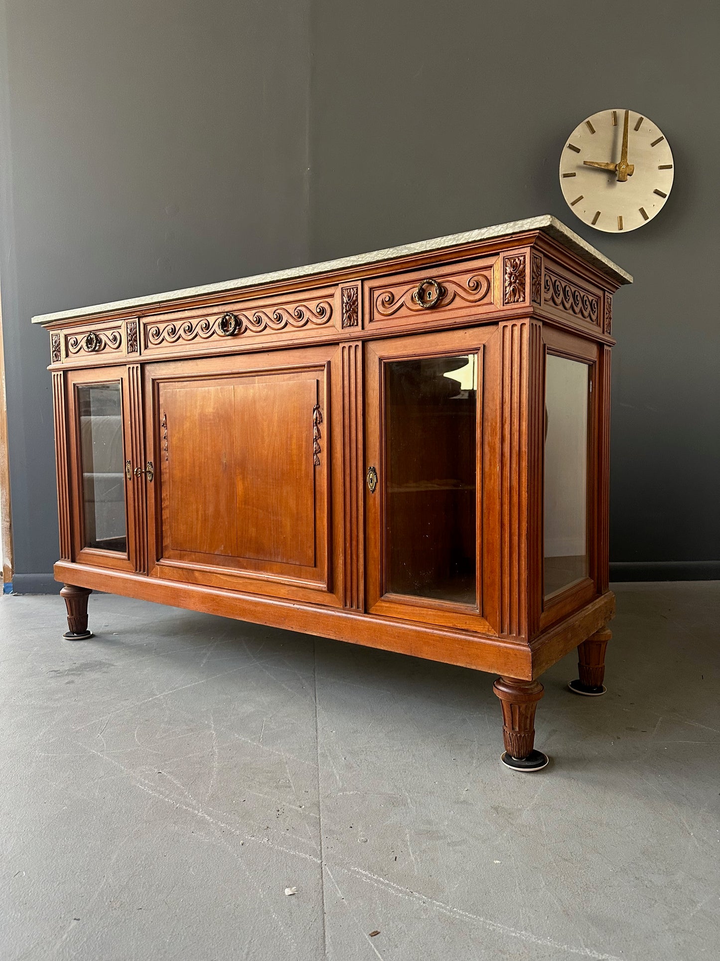 Antique French Directoire Style Mahogany Sideboard with Marble Top – Glass Door Buffet Cabinet with Carved Details