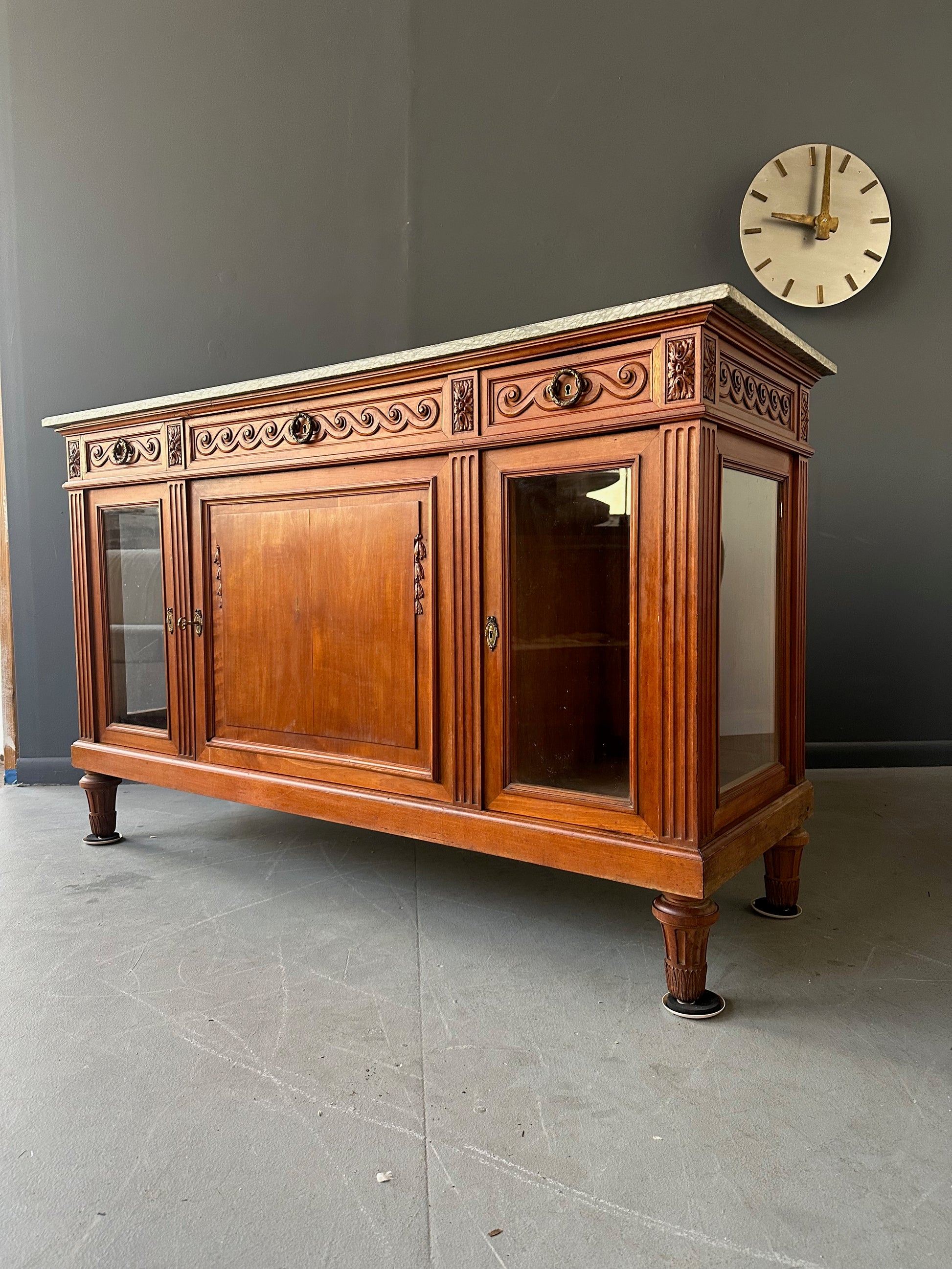 Antique French Directoire Style Mahogany Sideboard with Marble Top – Glass Door Buffet Cabinet with Carved Details