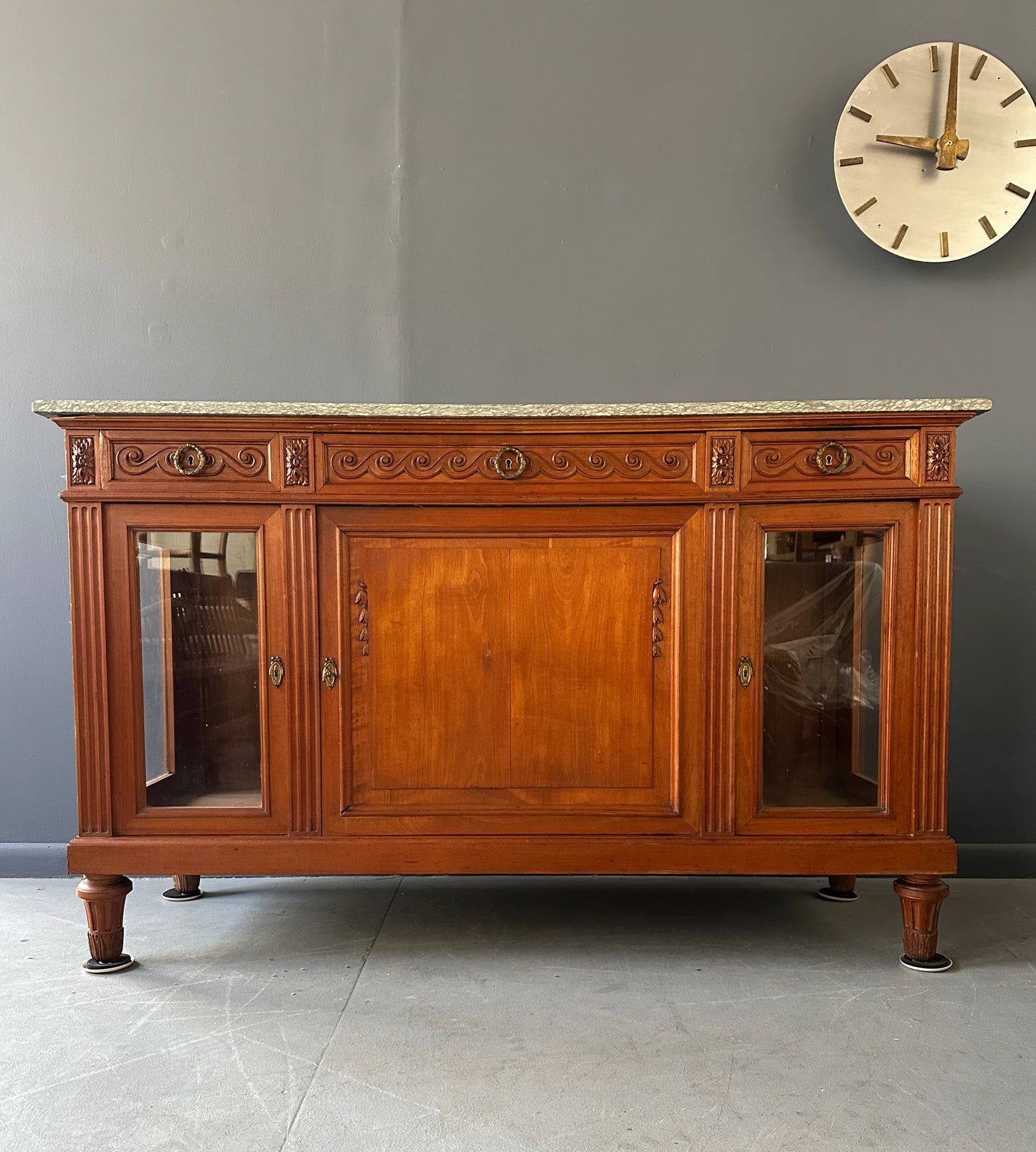 Antique French Directoire Style Mahogany Sideboard with Marble Top – Glass Door Buffet Cabinet with Carved Details