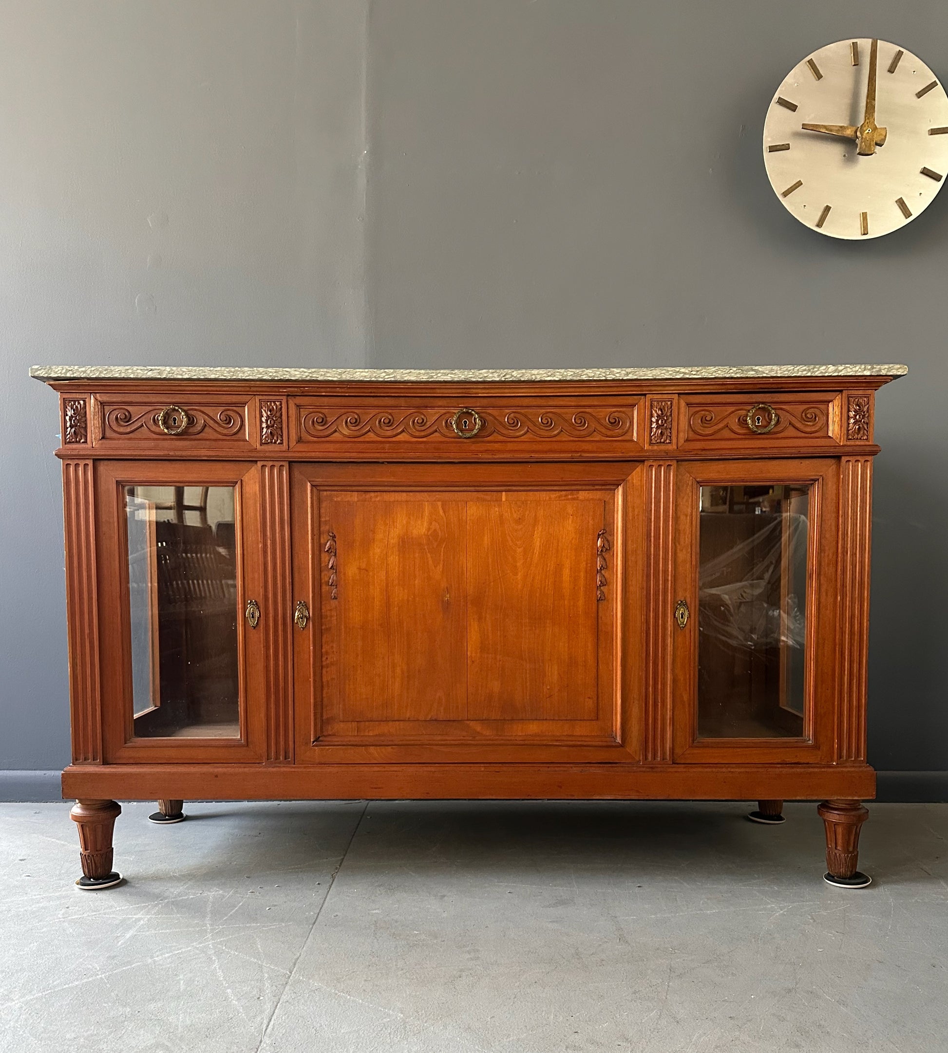 Antique French Directoire Style Mahogany Sideboard with Marble Top – Glass Door Buffet Cabinet with Carved Details