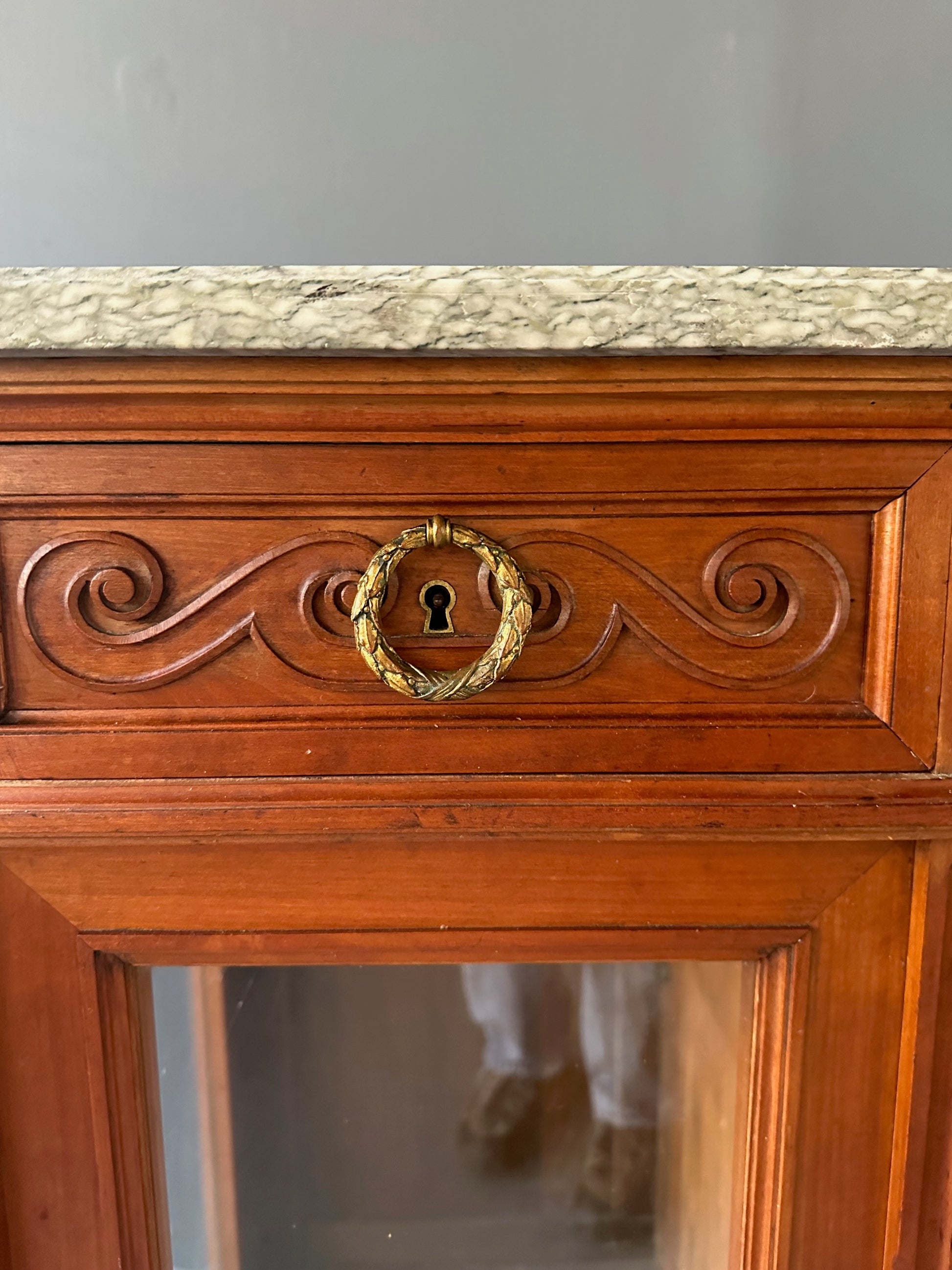Antique French Directoire Style Mahogany Sideboard with Marble Top – Glass Door Buffet Cabinet with Carved Details