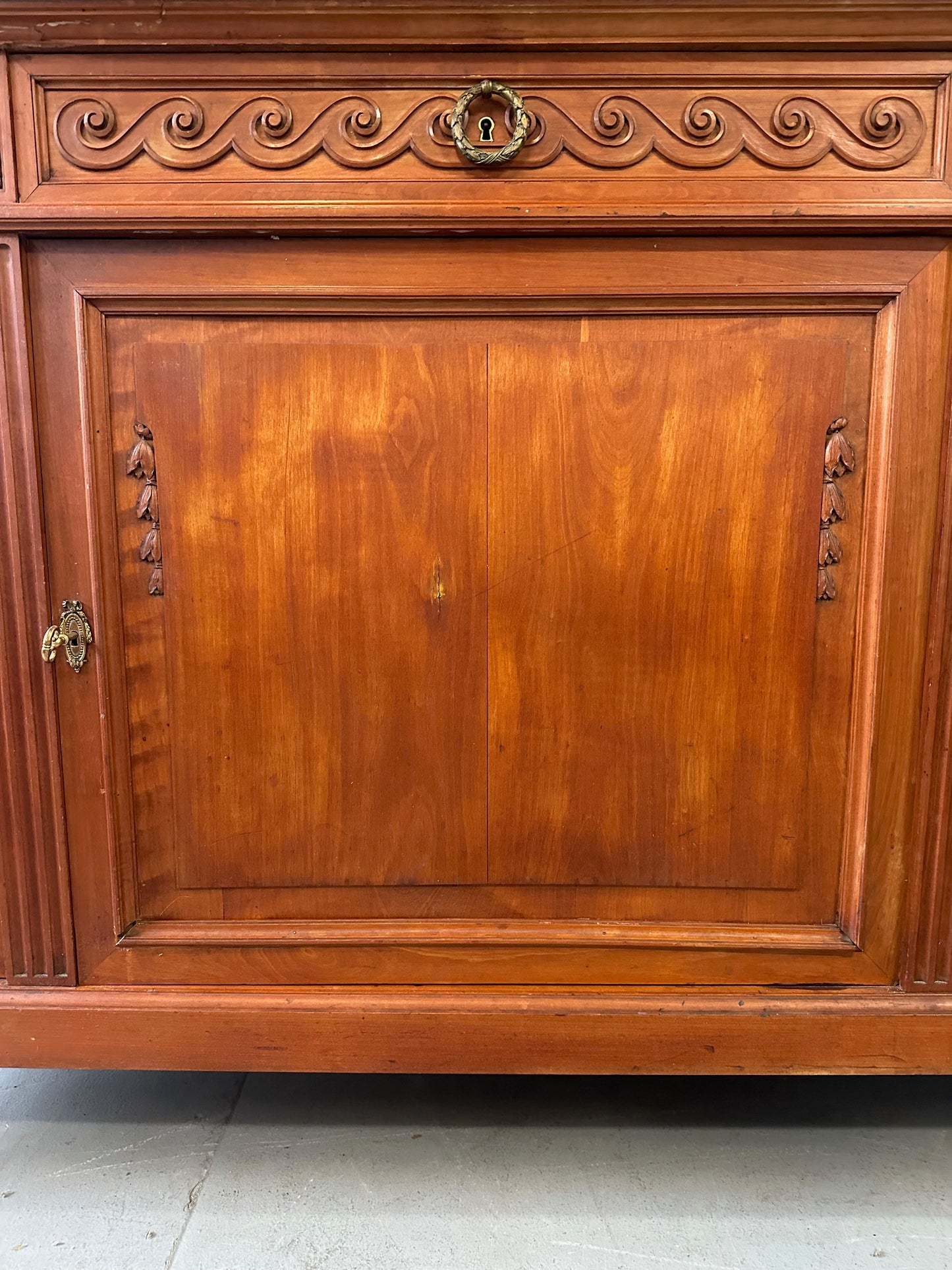 Antique French Directoire Style Mahogany Sideboard with Marble Top – Glass Door Buffet Cabinet with Carved Details