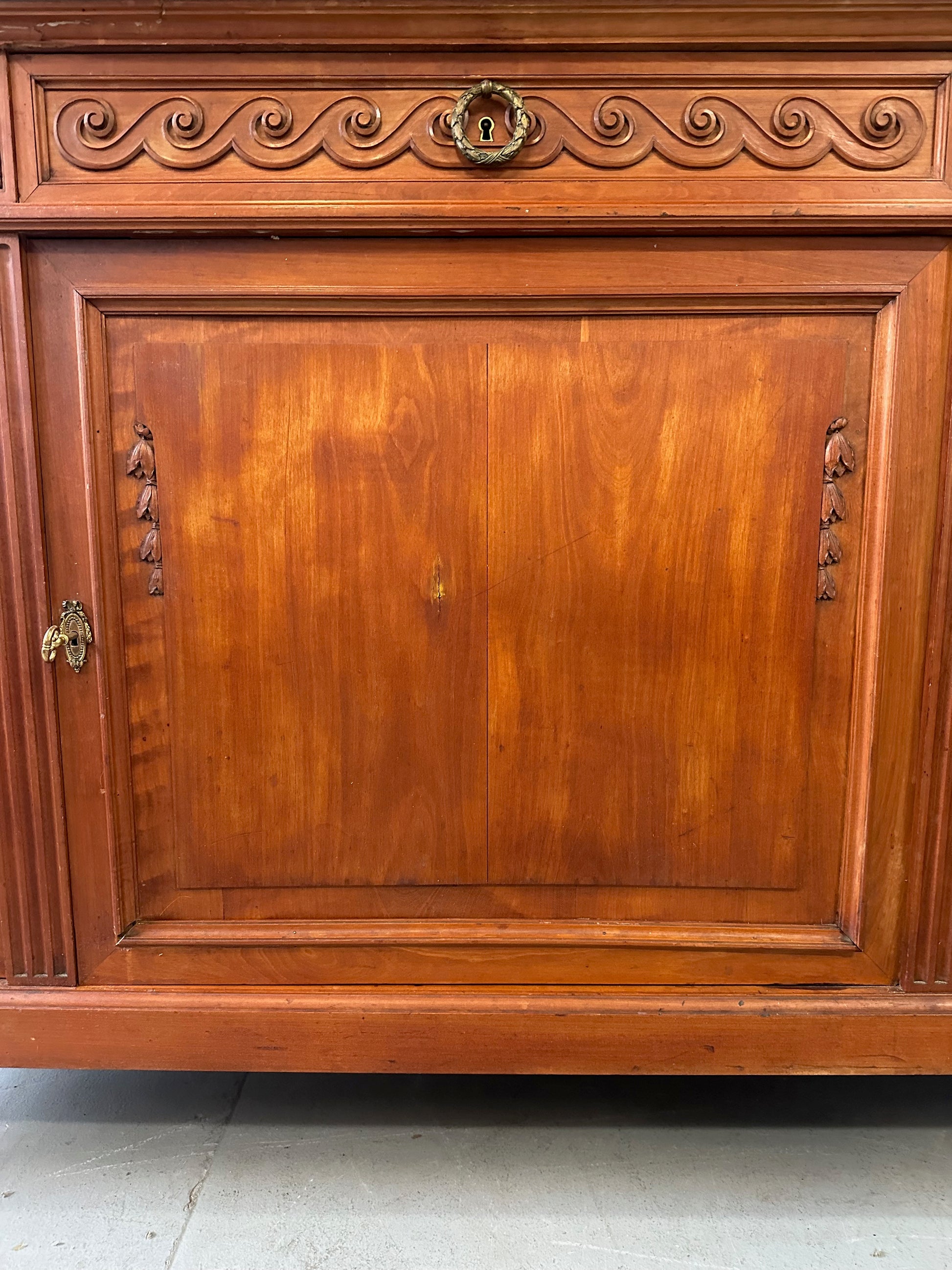 Antique French Directoire Style Mahogany Sideboard with Marble Top – Glass Door Buffet Cabinet with Carved Details