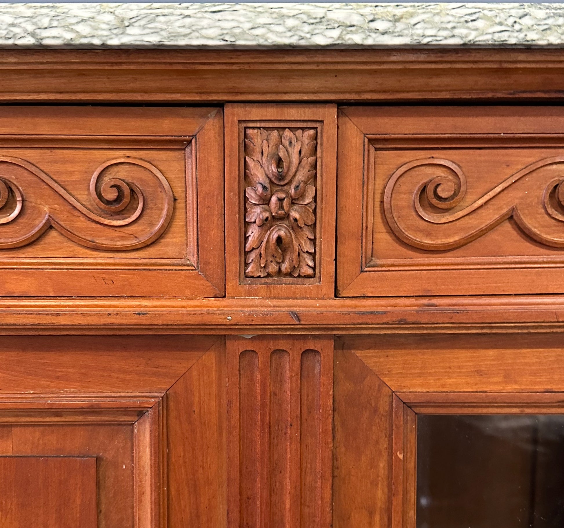 Antique French Directoire Style Mahogany Sideboard with Marble Top – Glass Door Buffet Cabinet with Carved Details