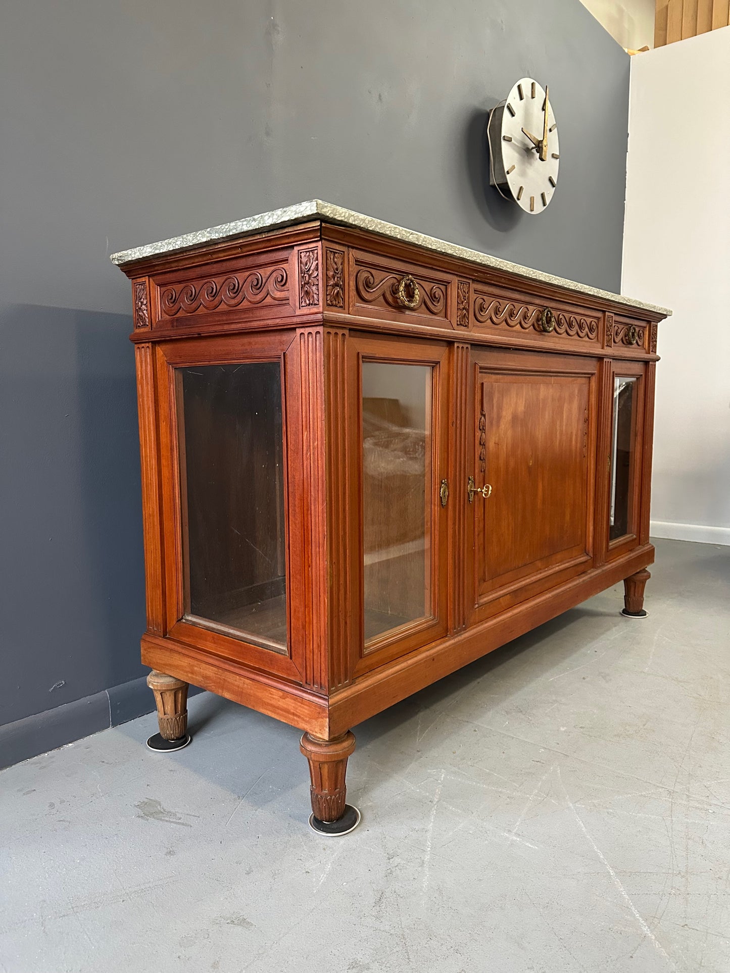 Antique French Directoire Style Mahogany Sideboard with Marble Top – Glass Door Buffet Cabinet with Carved Details