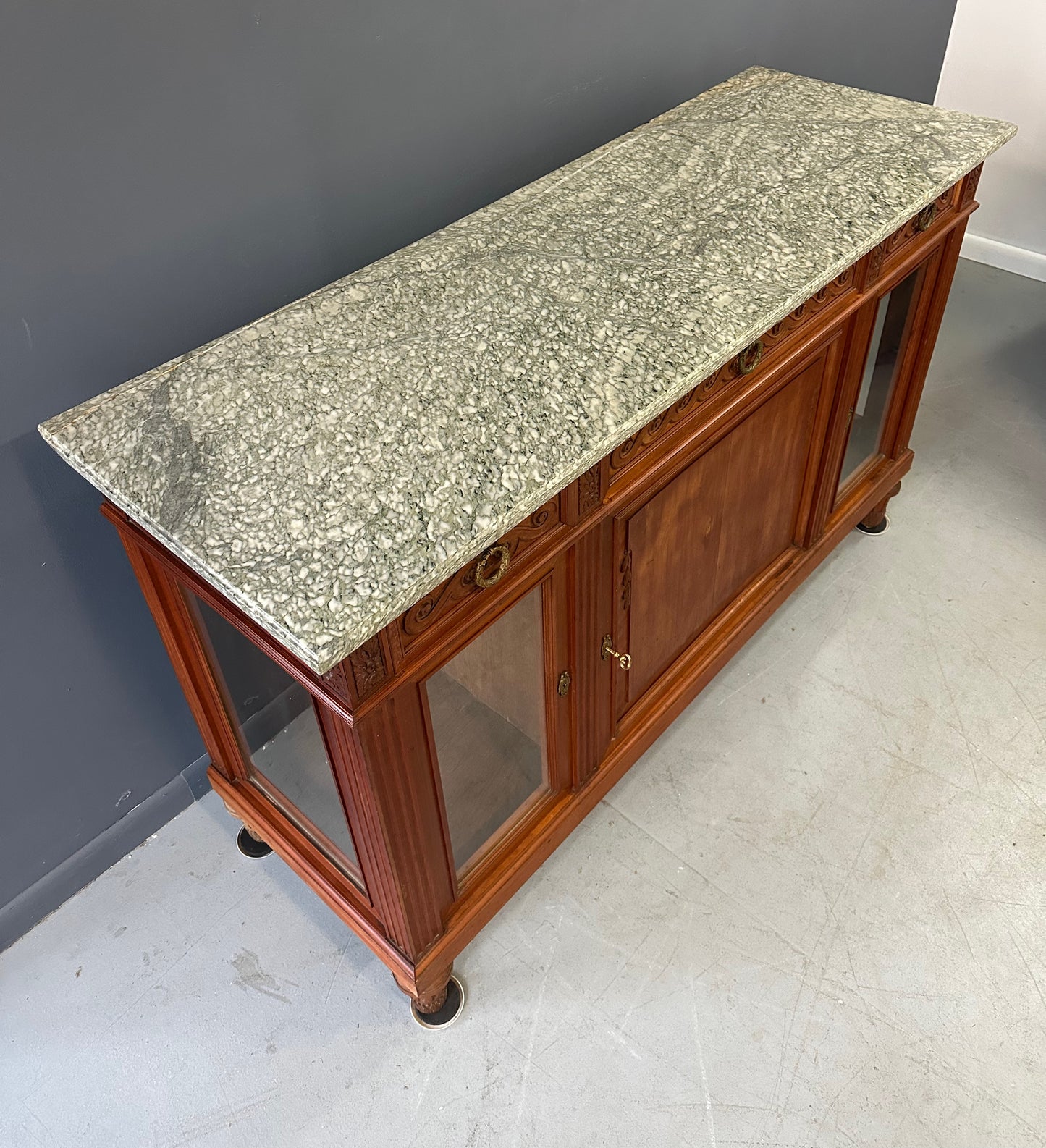 Antique French Directoire Style Mahogany Sideboard with Marble Top – Glass Door Buffet Cabinet with Carved Details
