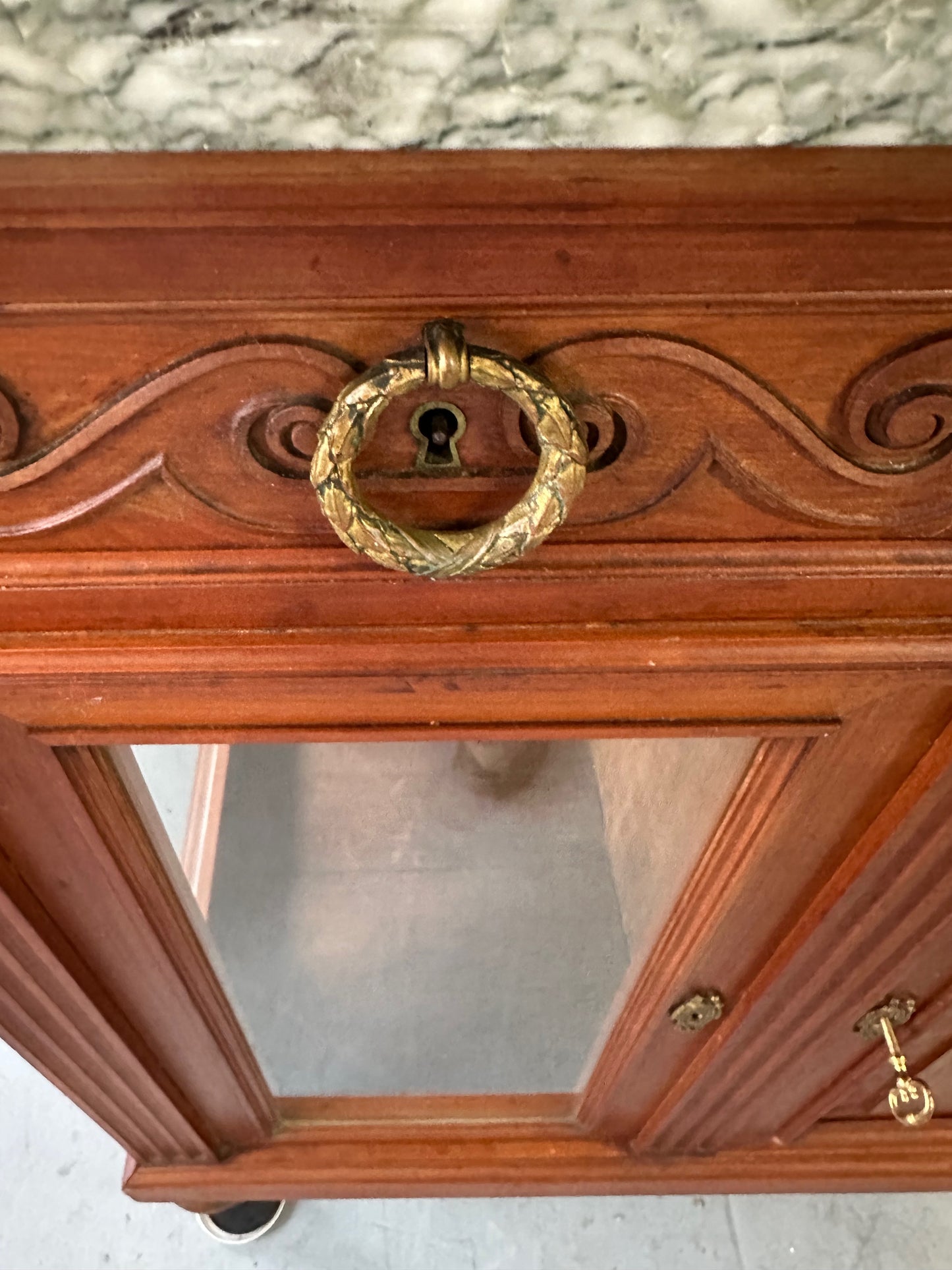 Antique French Directoire Style Mahogany Sideboard with Marble Top – Glass Door Buffet Cabinet with Carved Details