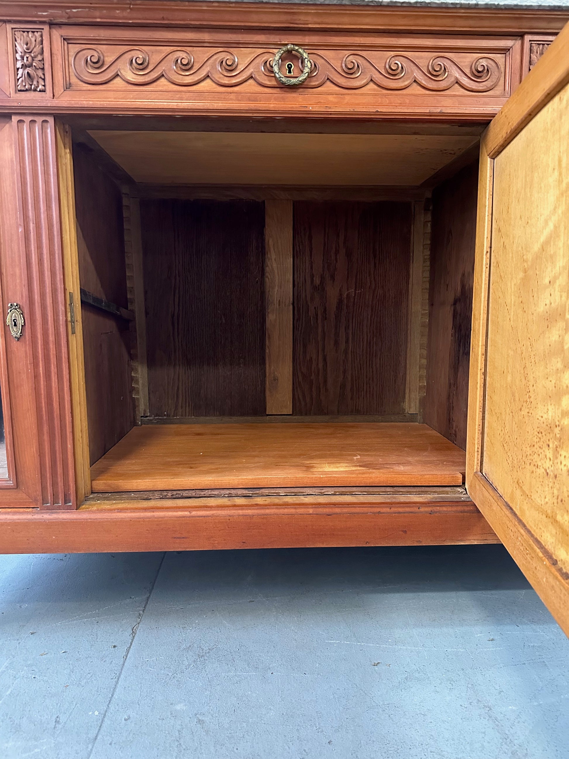 Antique French Directoire Style Mahogany Sideboard with Marble Top – Glass Door Buffet Cabinet with Carved Details