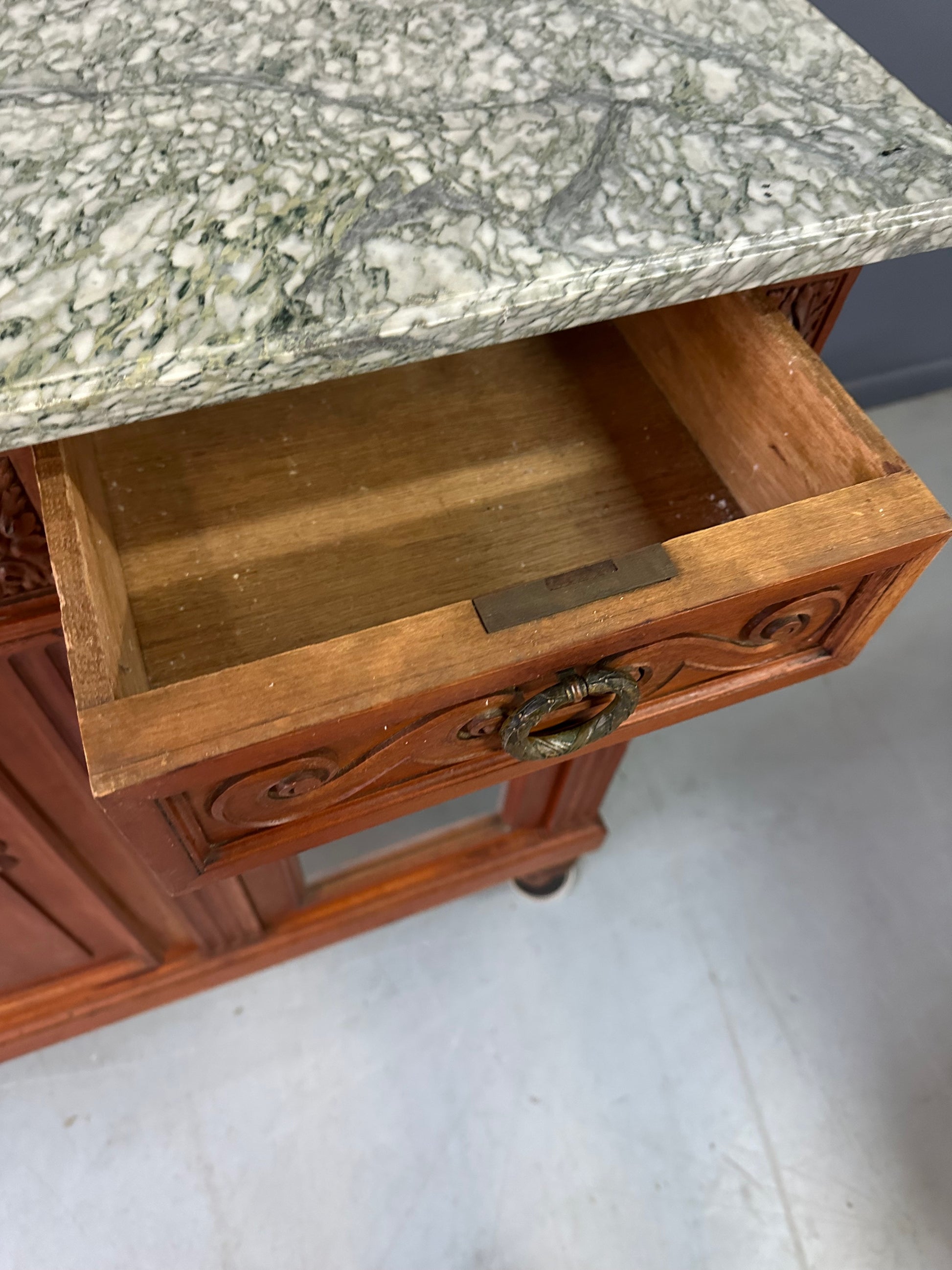 Antique French Directoire Style Mahogany Sideboard with Marble Top – Glass Door Buffet Cabinet with Carved Details