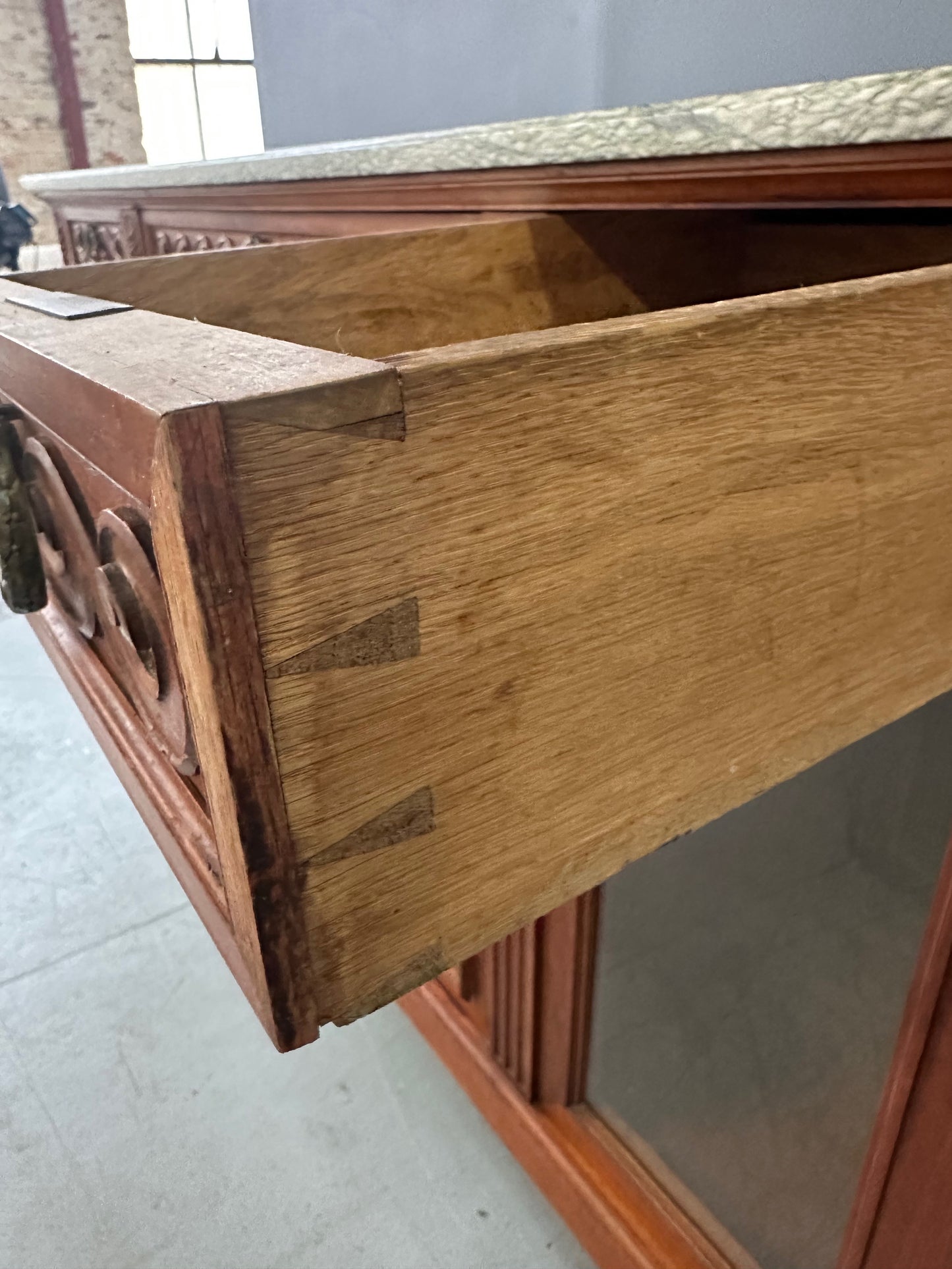 Antique French Directoire Style Mahogany Sideboard with Marble Top – Glass Door Buffet Cabinet with Carved Details
