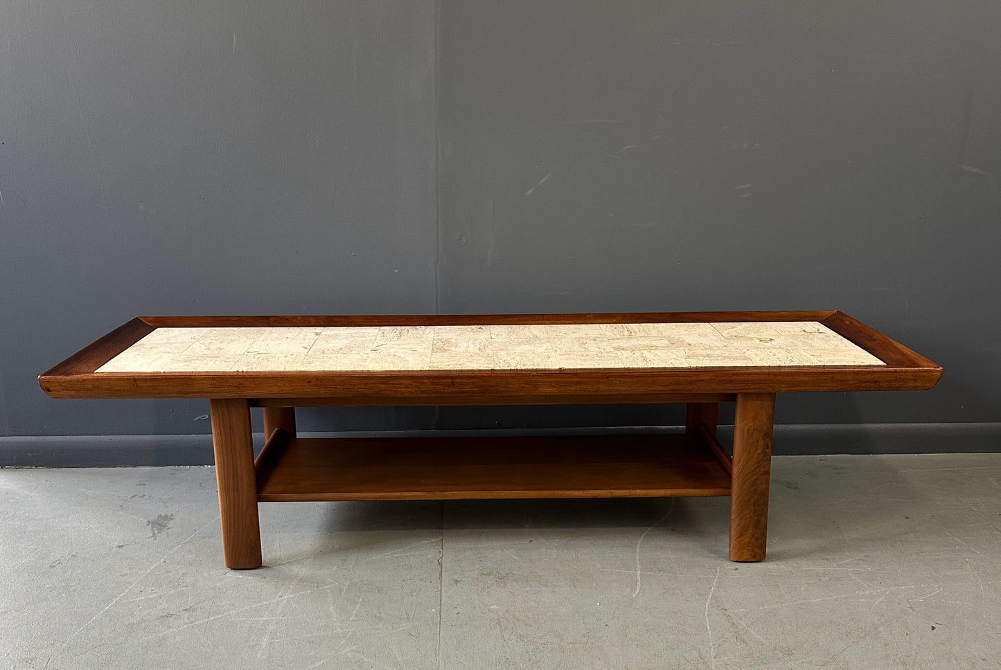 Mid Century Widdicomb Coffee Table by Dale Ford – Travertine Top with Walnut Frame and Lower Shelf