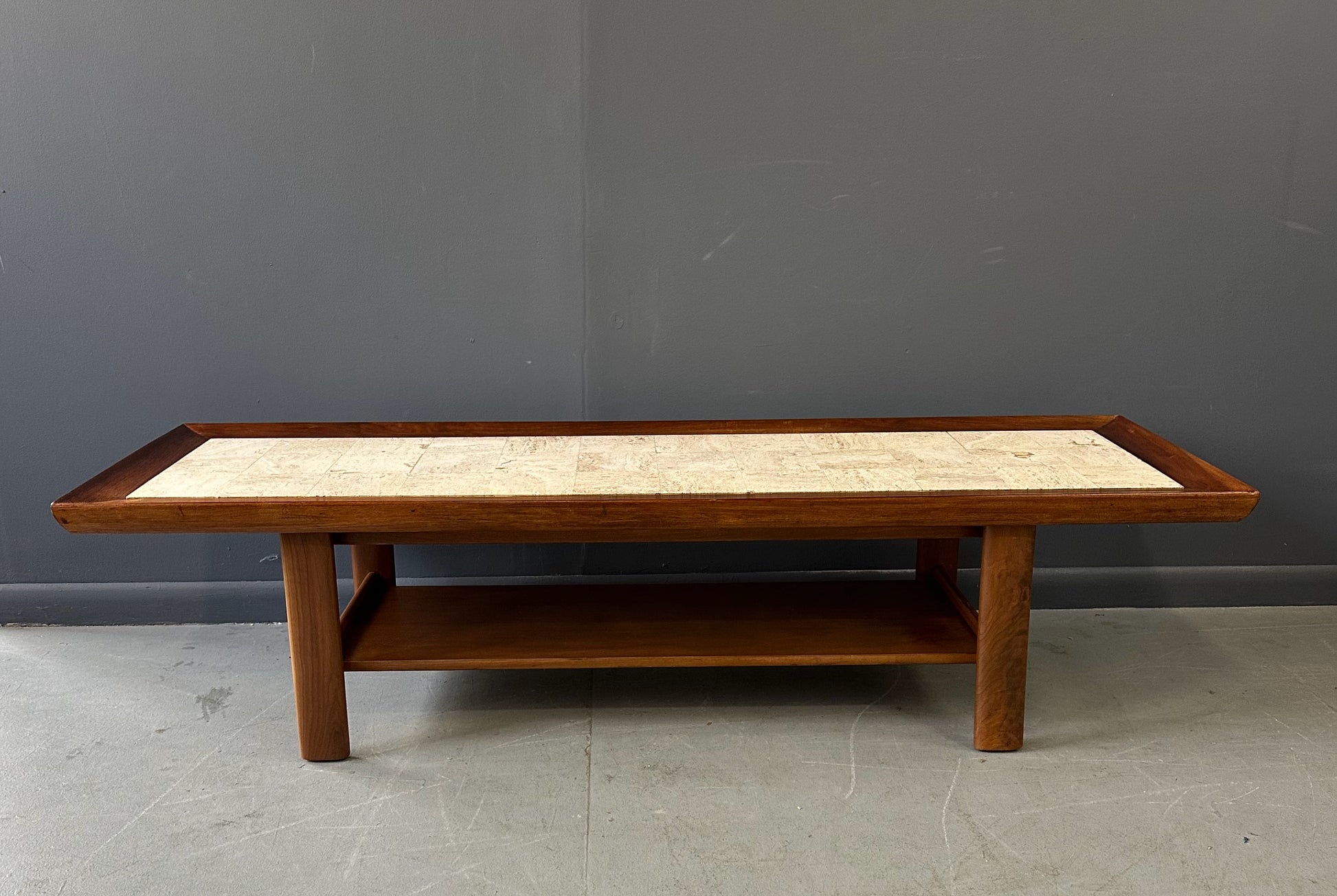 Mid Century Widdicomb Coffee Table by Dale Ford – Travertine Top with Walnut Frame and Lower Shelf