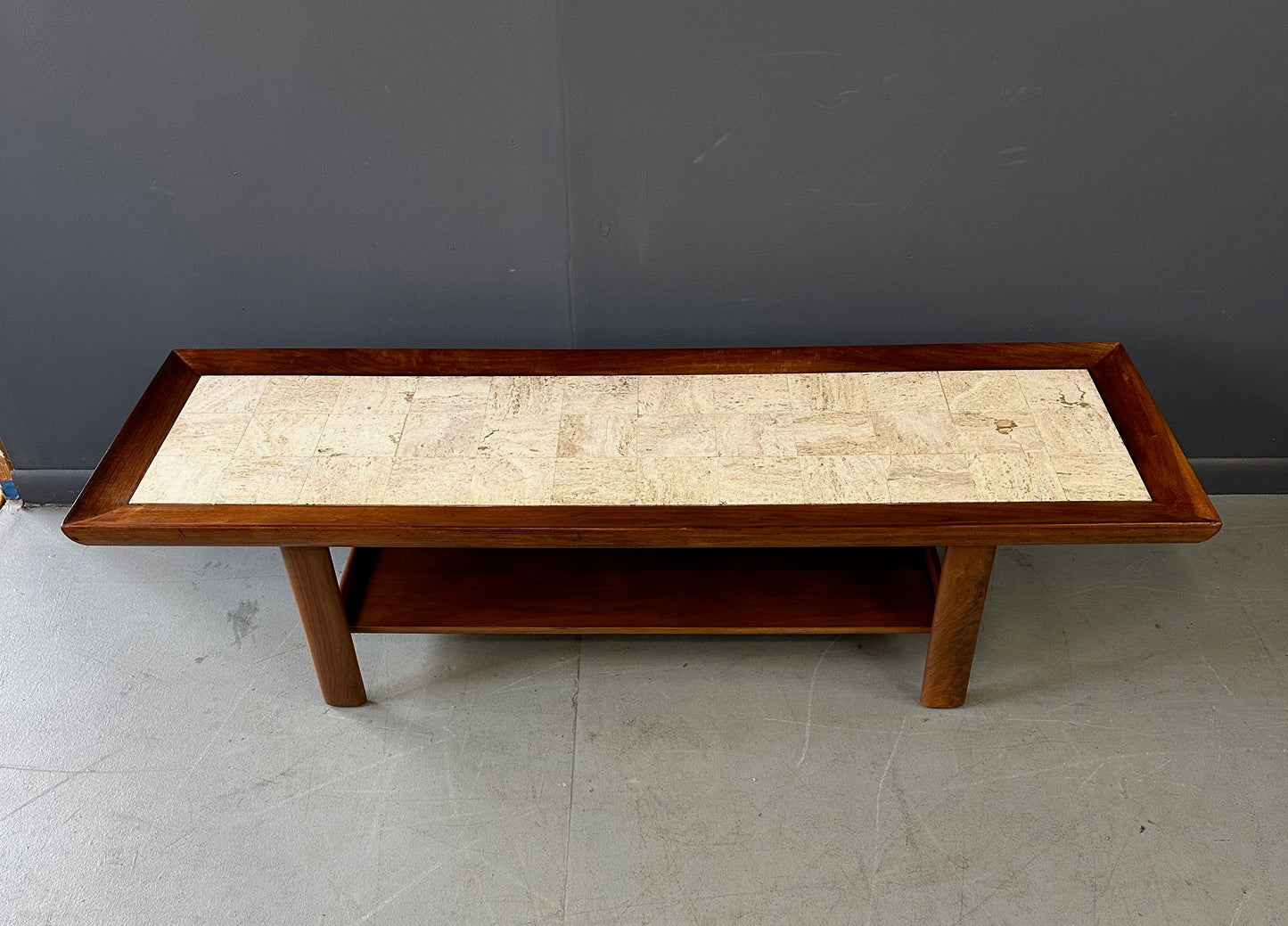 Mid Century Widdicomb Coffee Table by Dale Ford – Travertine Top with Walnut Frame and Lower Shelf