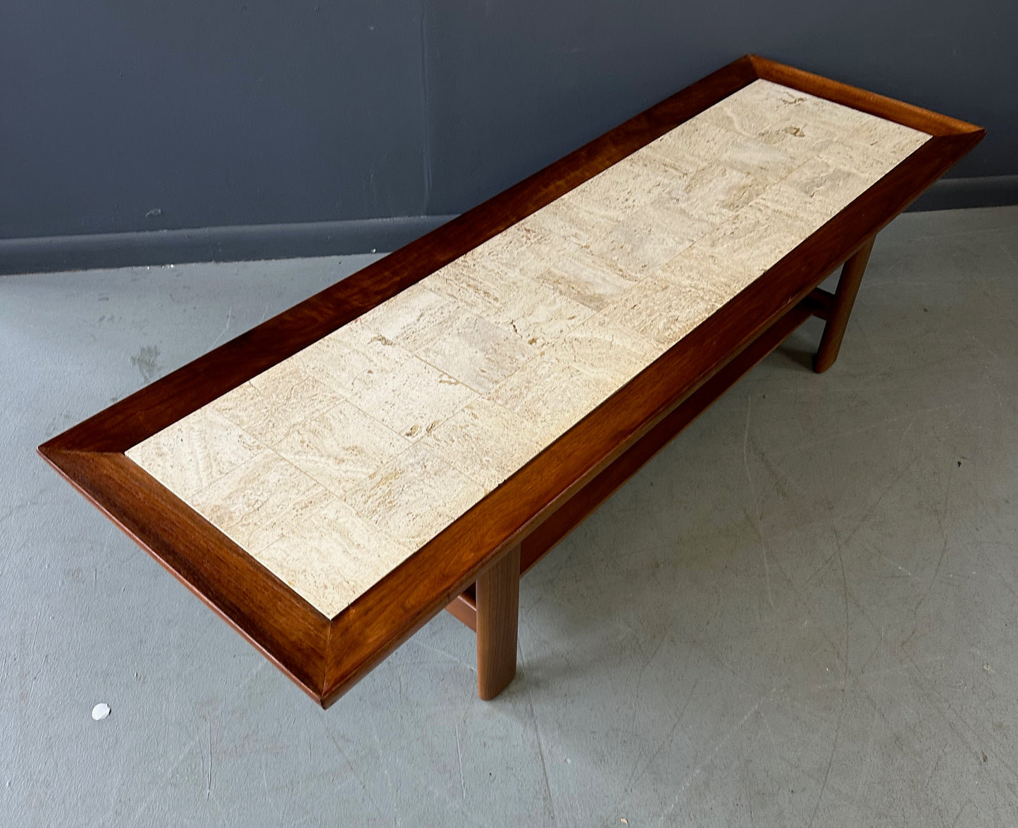 Mid Century Widdicomb Coffee Table by Dale Ford – Travertine Top with Walnut Frame and Lower Shelf