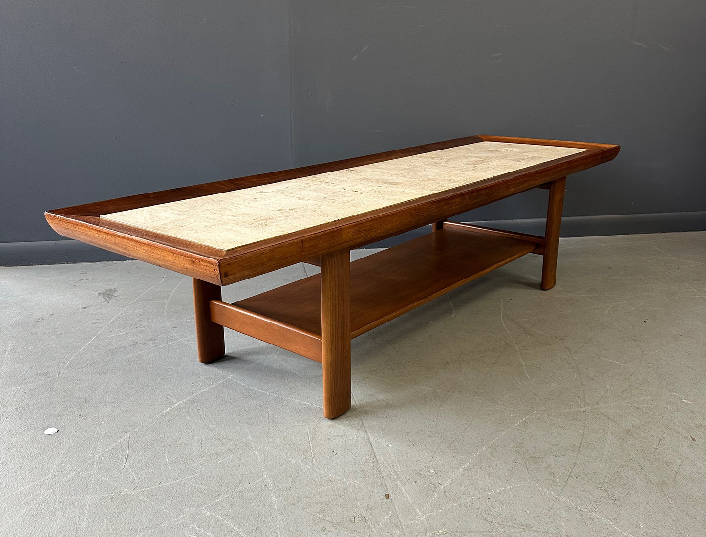 Mid Century Widdicomb Coffee Table by Dale Ford – Travertine Top with Walnut Frame and Lower Shelf