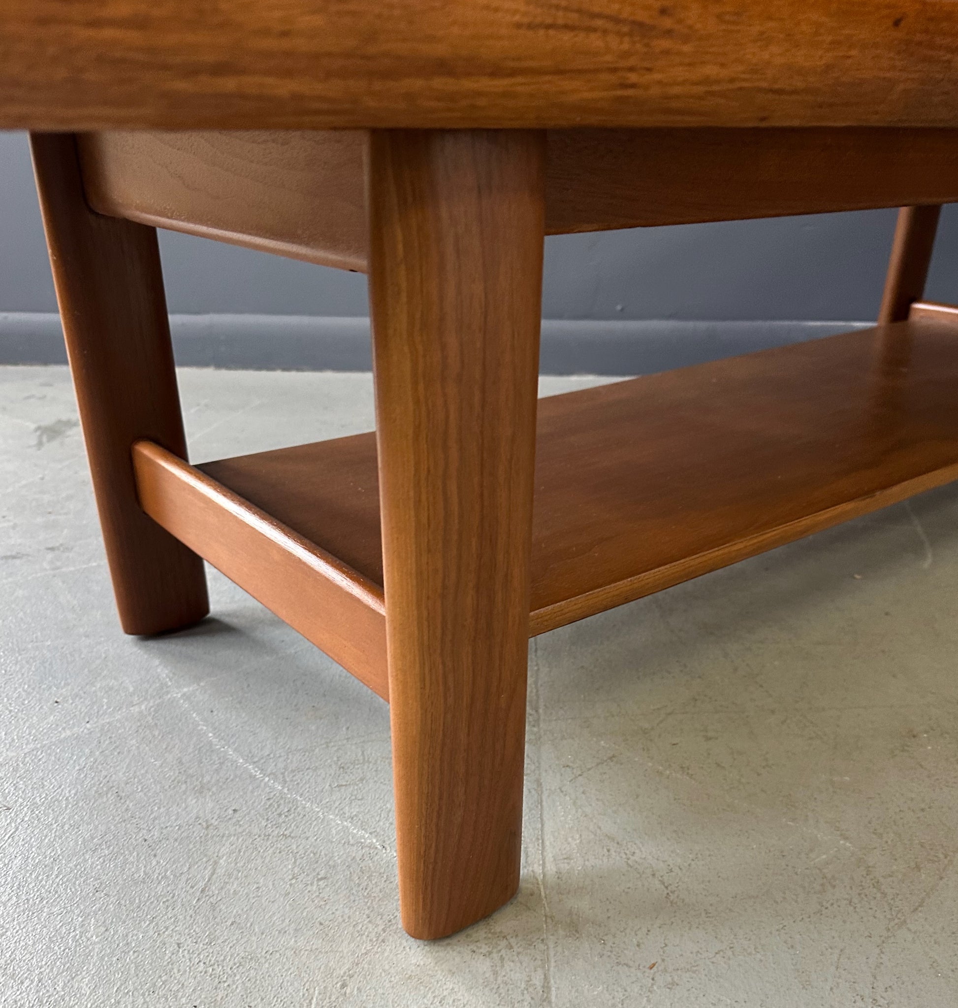 Mid Century Widdicomb Coffee Table by Dale Ford – Travertine Top with Walnut Frame and Lower Shelf