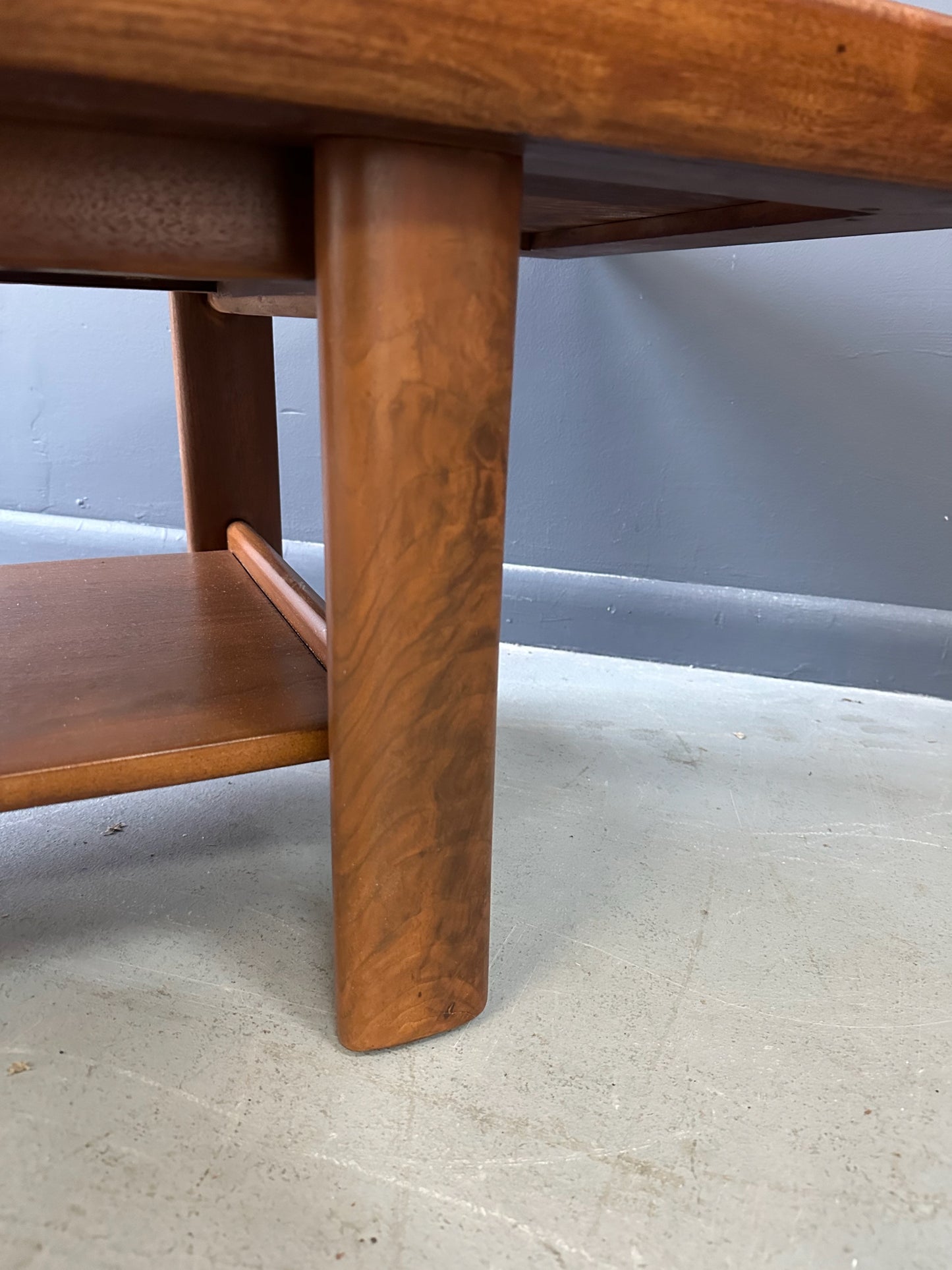 Mid Century Widdicomb Coffee Table by Dale Ford – Travertine Top with Walnut Frame and Lower Shelf