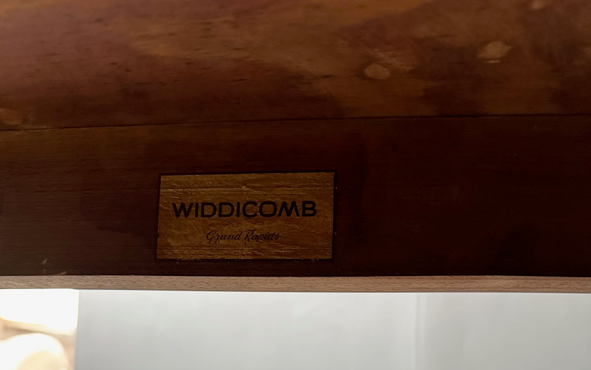 Mid Century Widdicomb Coffee Table by Dale Ford – Travertine Top with Walnut Frame and Lower Shelf