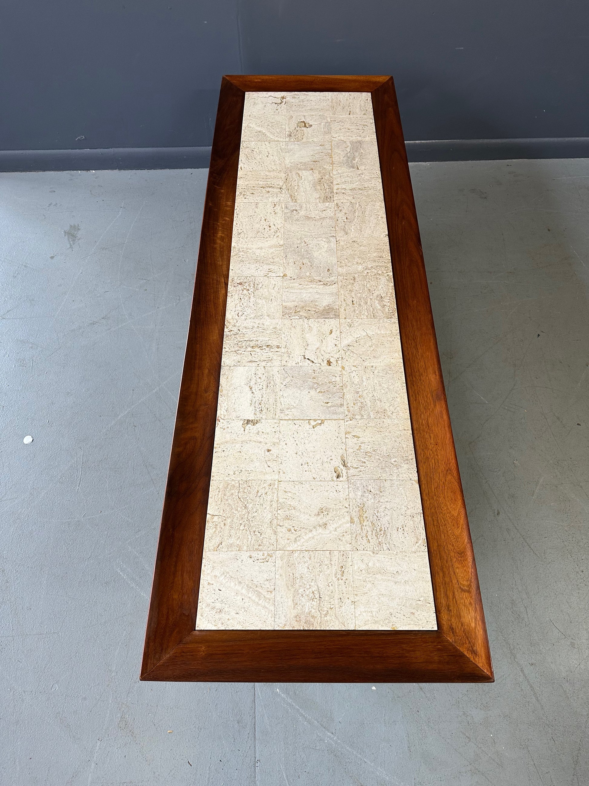 Mid Century Widdicomb Coffee Table by Dale Ford – Travertine Top with Walnut Frame and Lower Shelf