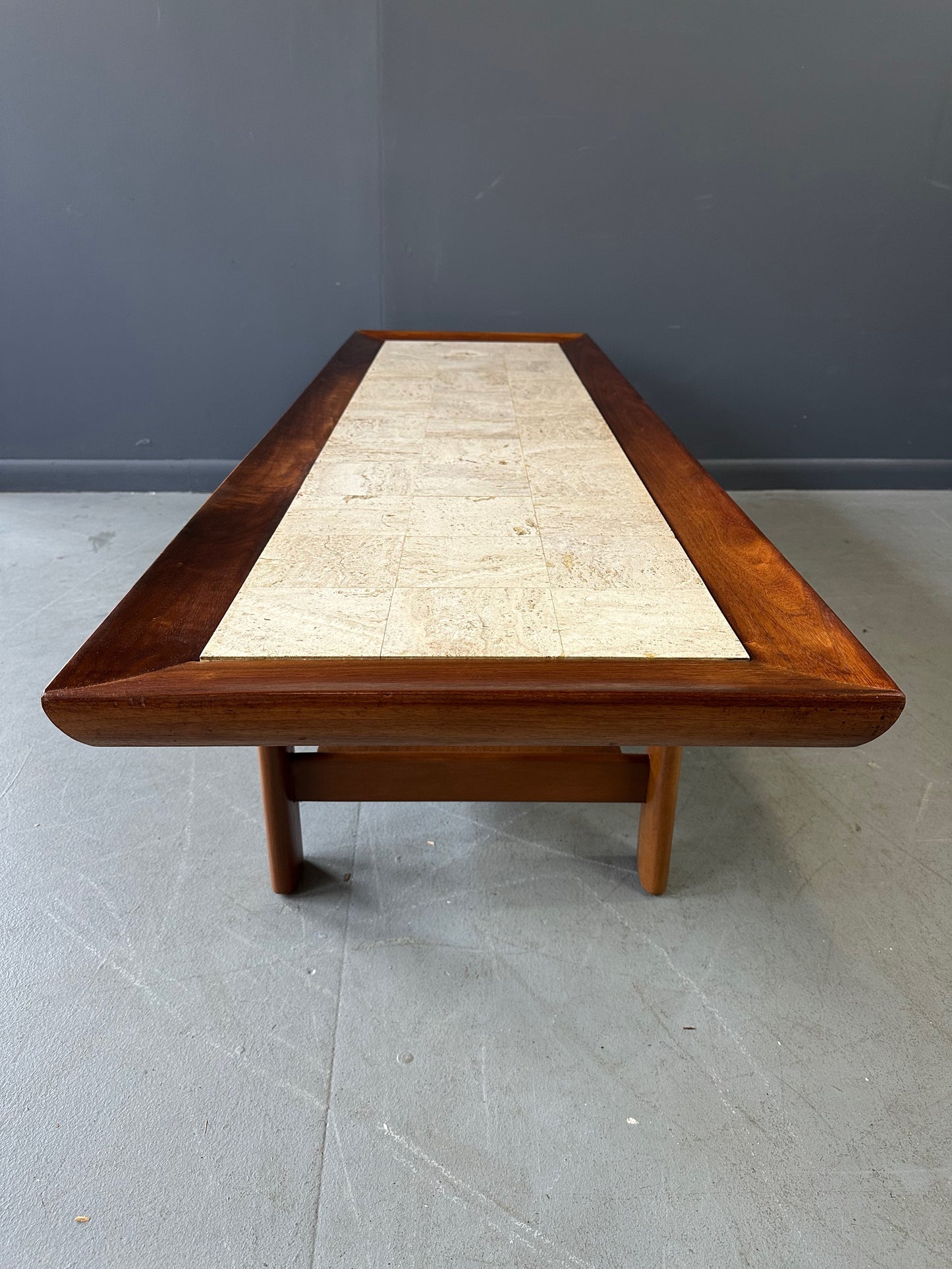Mid Century Widdicomb Coffee Table by Dale Ford – Travertine Top with Walnut Frame and Lower Shelf