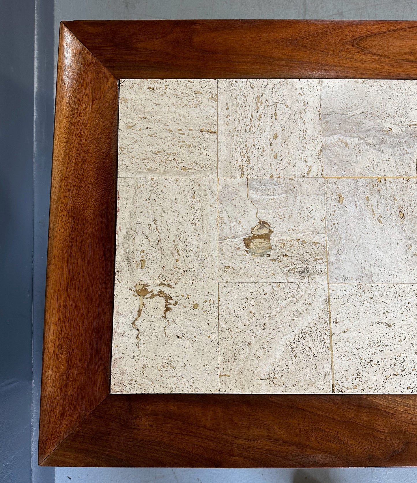 Mid Century Widdicomb Coffee Table by Dale Ford – Travertine Top with Walnut Frame and Lower Shelf