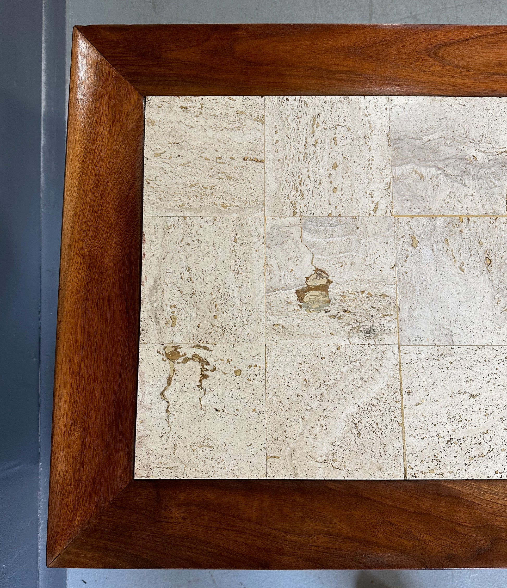 Mid Century Widdicomb Coffee Table by Dale Ford – Travertine Top with Walnut Frame and Lower Shelf