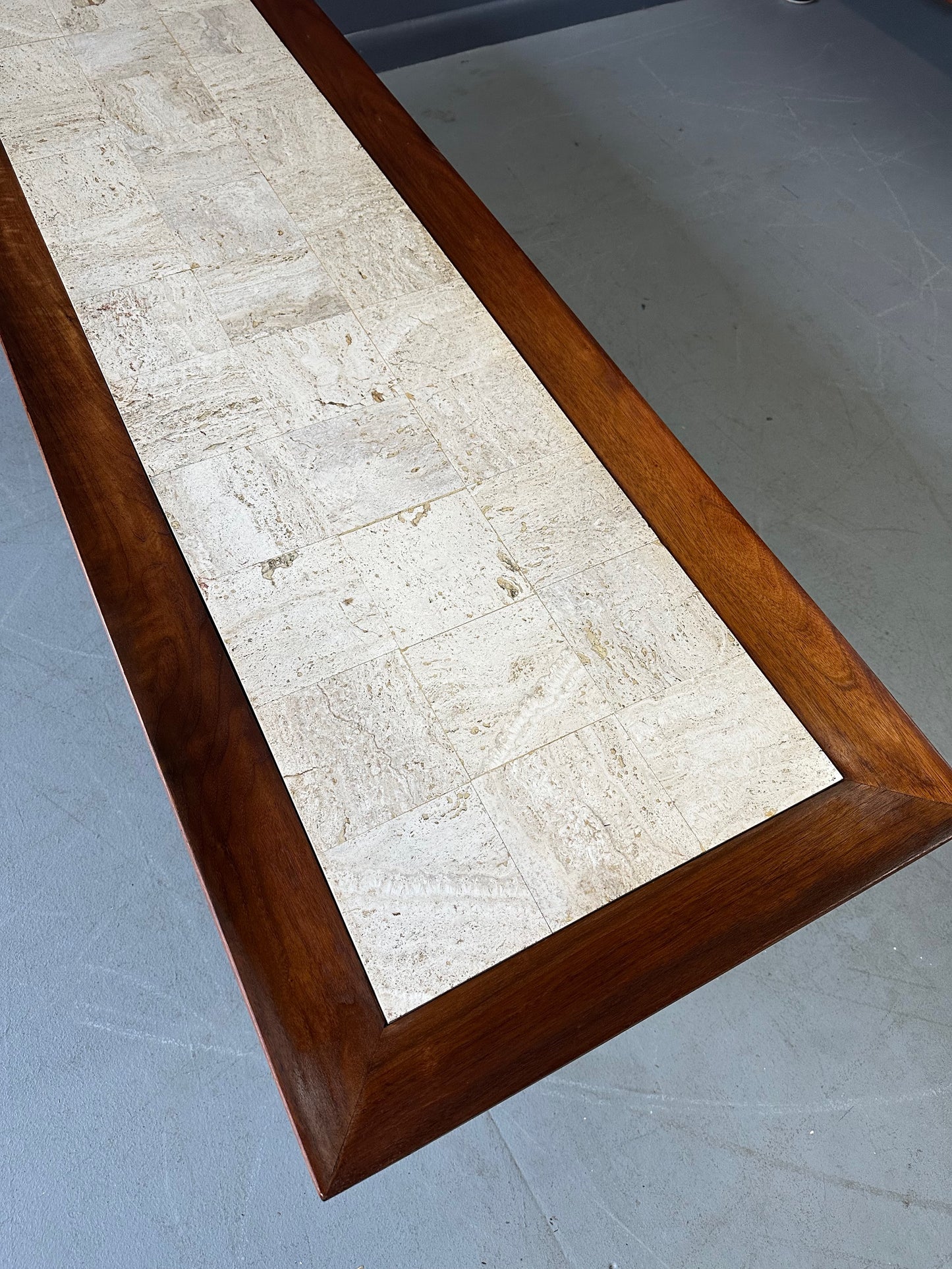 Mid Century Widdicomb Coffee Table by Dale Ford – Travertine Top with Walnut Frame and Lower Shelf