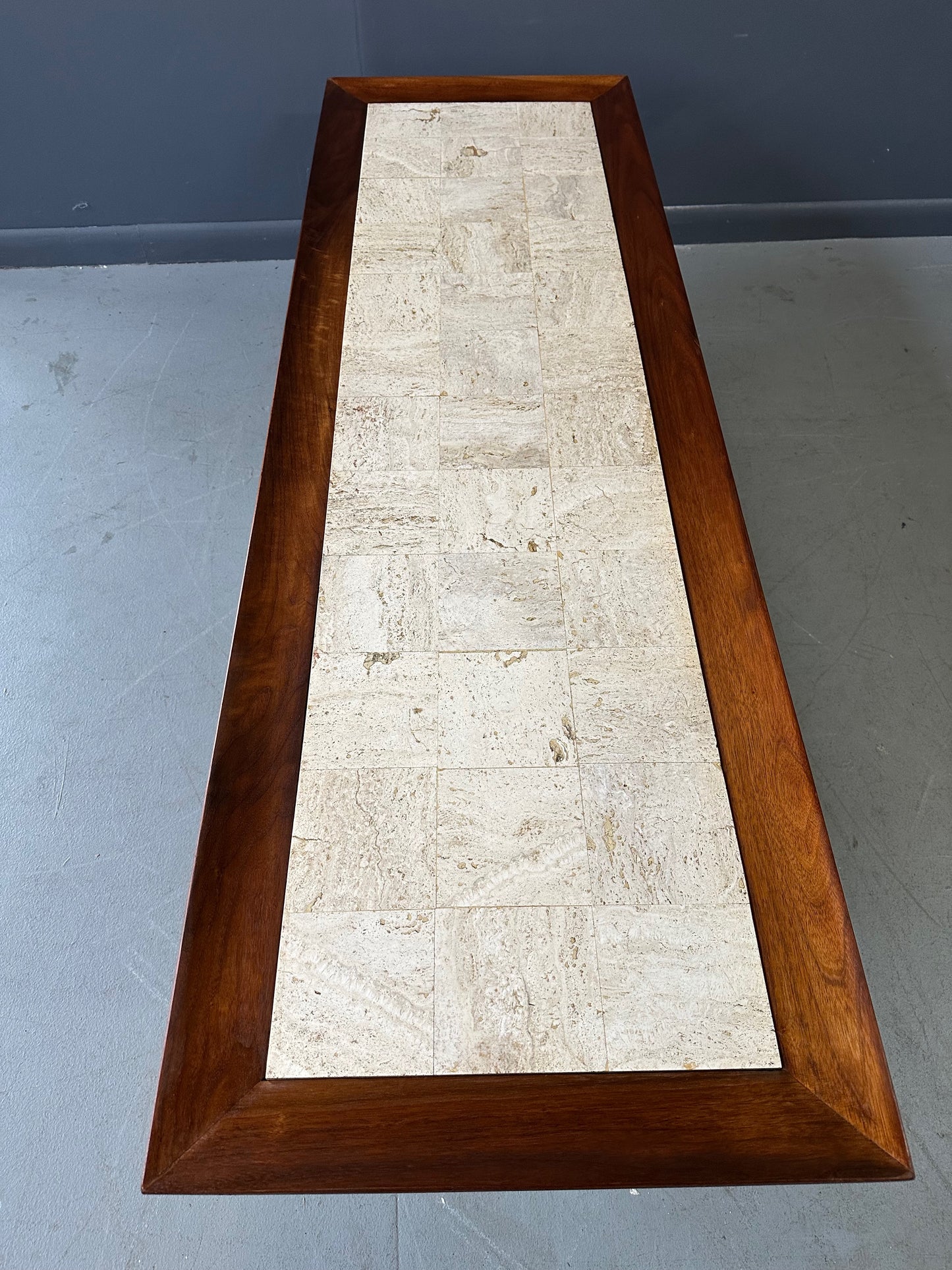 Mid Century Widdicomb Coffee Table by Dale Ford – Travertine Top with Walnut Frame and Lower Shelf
