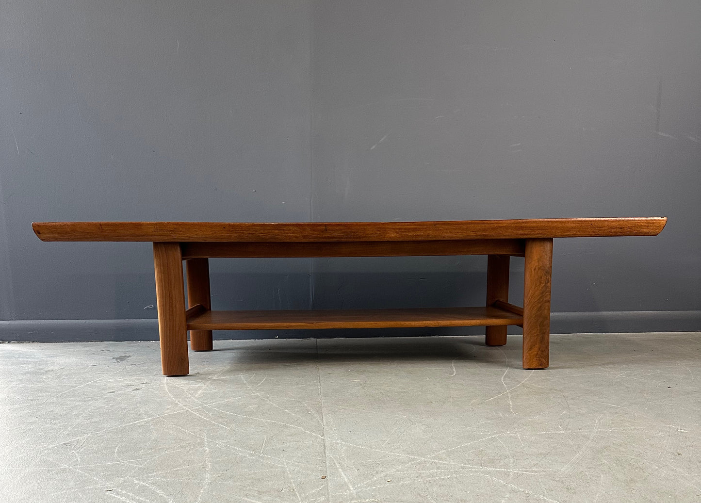 Mid Century Widdicomb Coffee Table by Dale Ford – Travertine Top with Walnut Frame and Lower Shelf