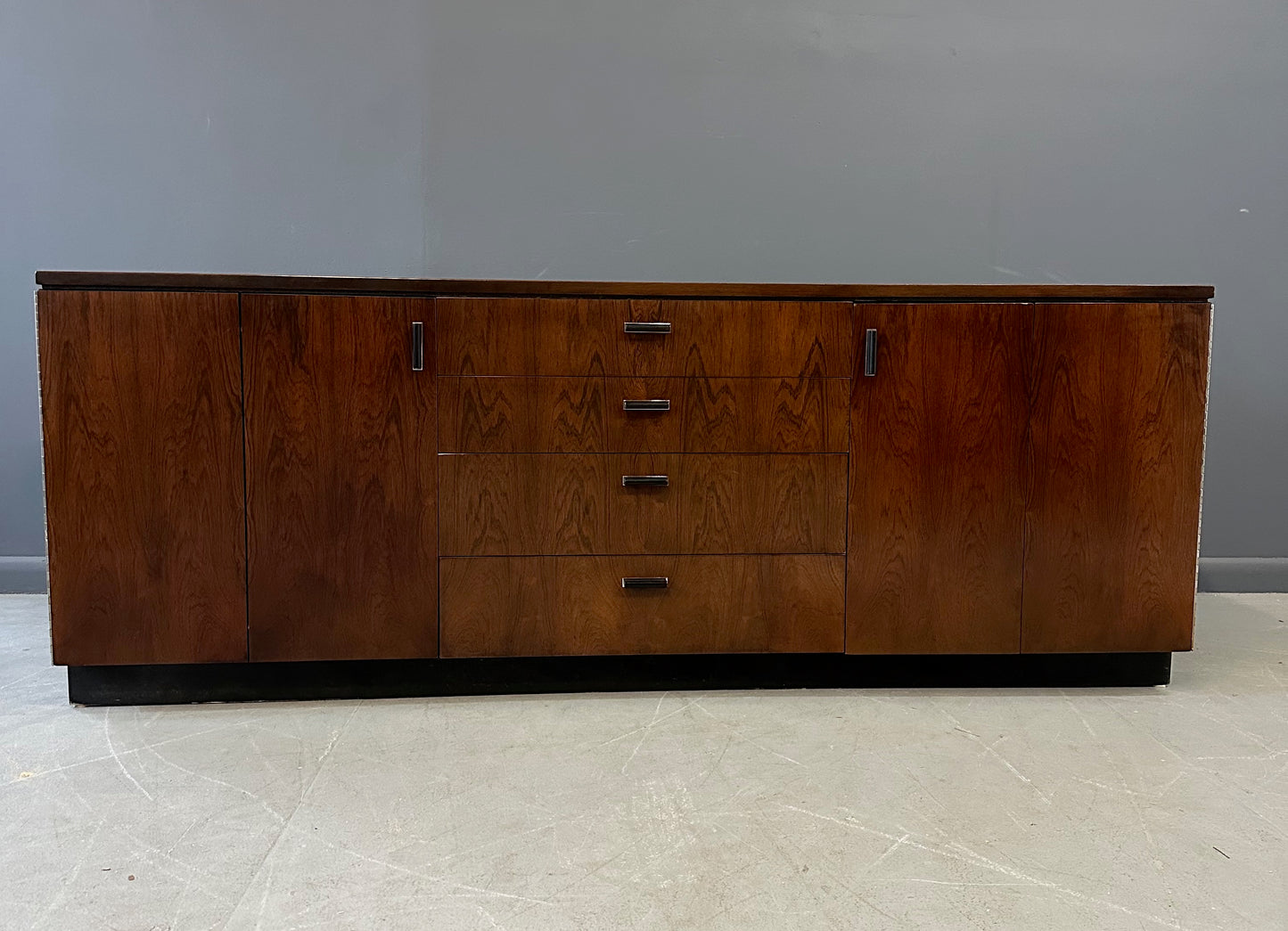 Mid Century Modern Founders Rosewood Credenza with Storage Drawers and Shelves – Vintage Sideboard for Office or Living Room