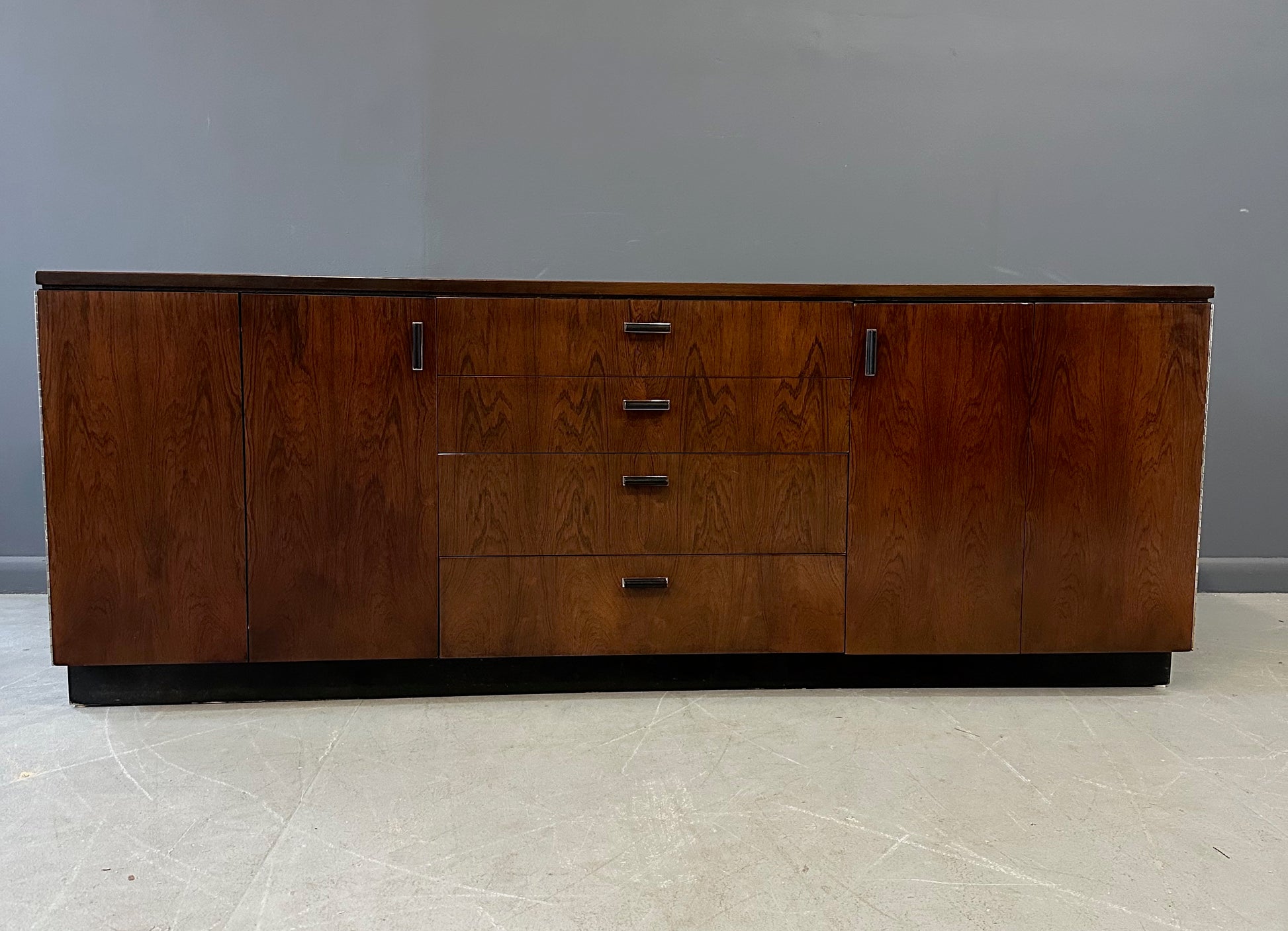 Mid Century Modern Founders Rosewood Credenza with Storage Drawers and Shelves – Vintage Sideboard for Office or Living Room