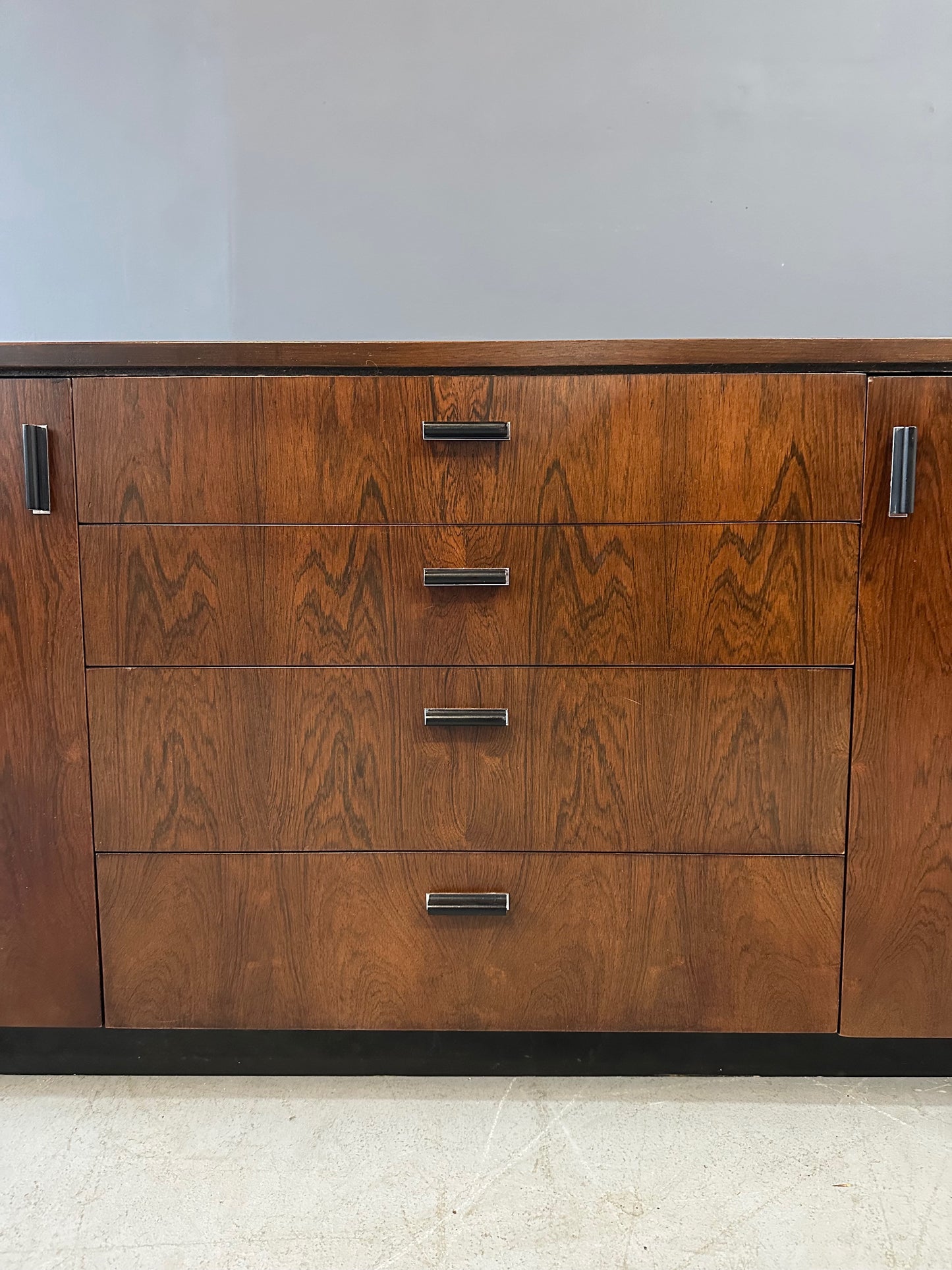 Mid Century Modern Founders Rosewood Credenza with Storage Drawers and Shelves – Vintage Sideboard for Office or Living Room