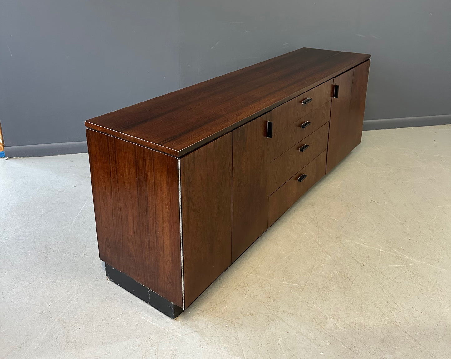 Mid Century Modern Founders Rosewood Credenza with Storage Drawers and Shelves – Vintage Sideboard for Office or Living Room