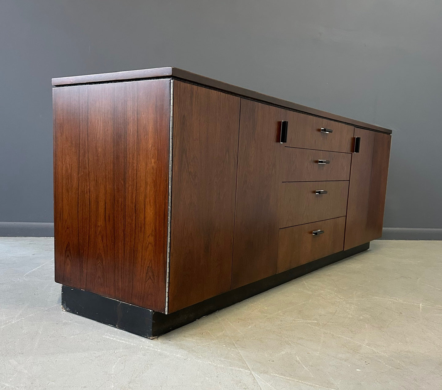 Mid Century Modern Founders Rosewood Credenza with Storage Drawers and Shelves – Vintage Sideboard for Office or Living Room