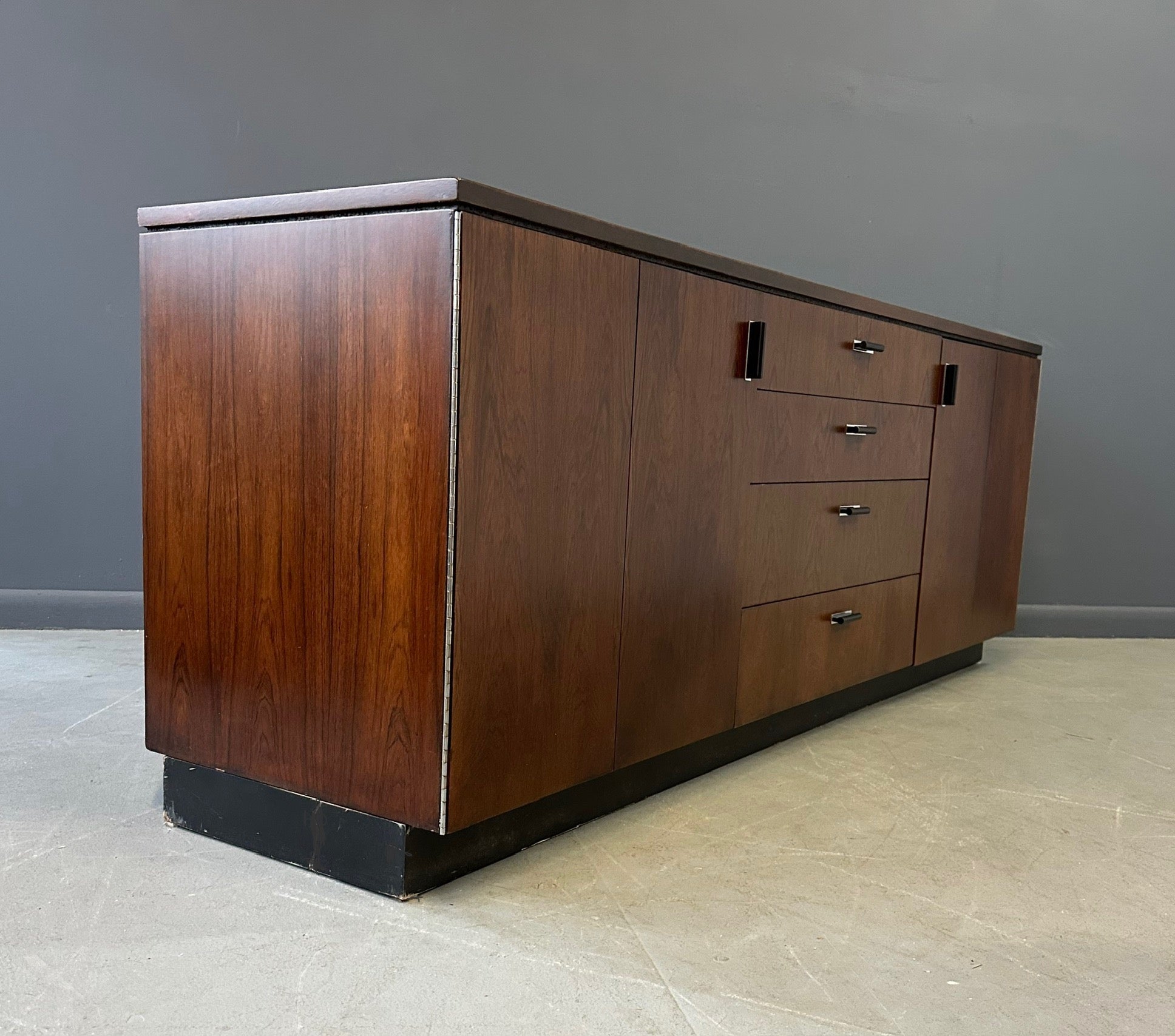 Mid Century Modern Founders Rosewood Credenza with Storage Drawers and Shelves – Vintage Sideboard for Office or Living Room