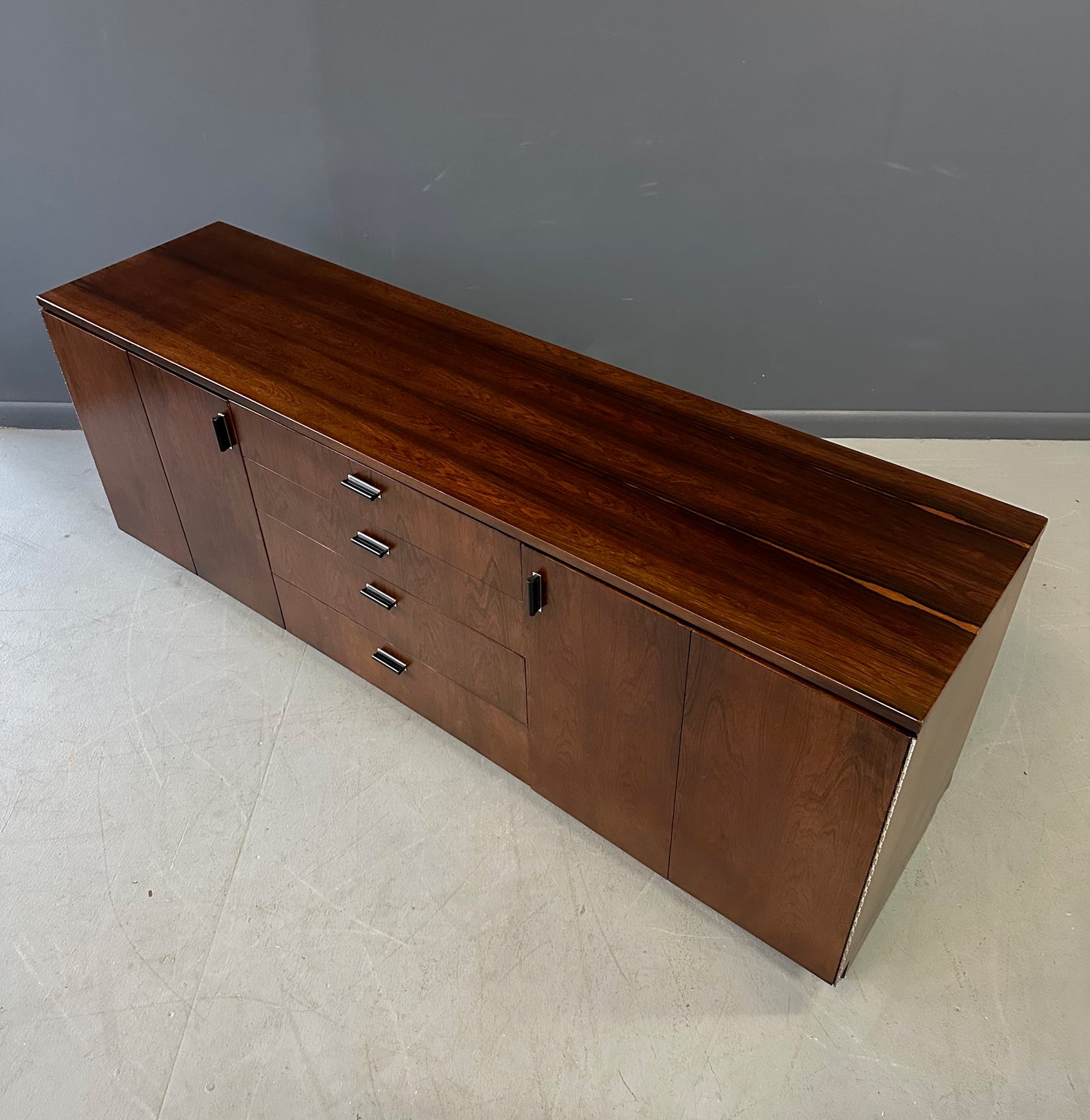 Mid Century Modern Founders Rosewood Credenza with Storage Drawers and Shelves – Vintage Sideboard for Office or Living Room
